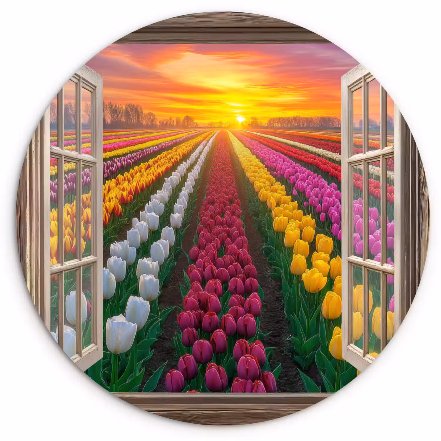 Doorkijk - Bloemen - Tulpen - Kleurrijk - Zonsondergang Wandcirkel plexiglas klein -3d