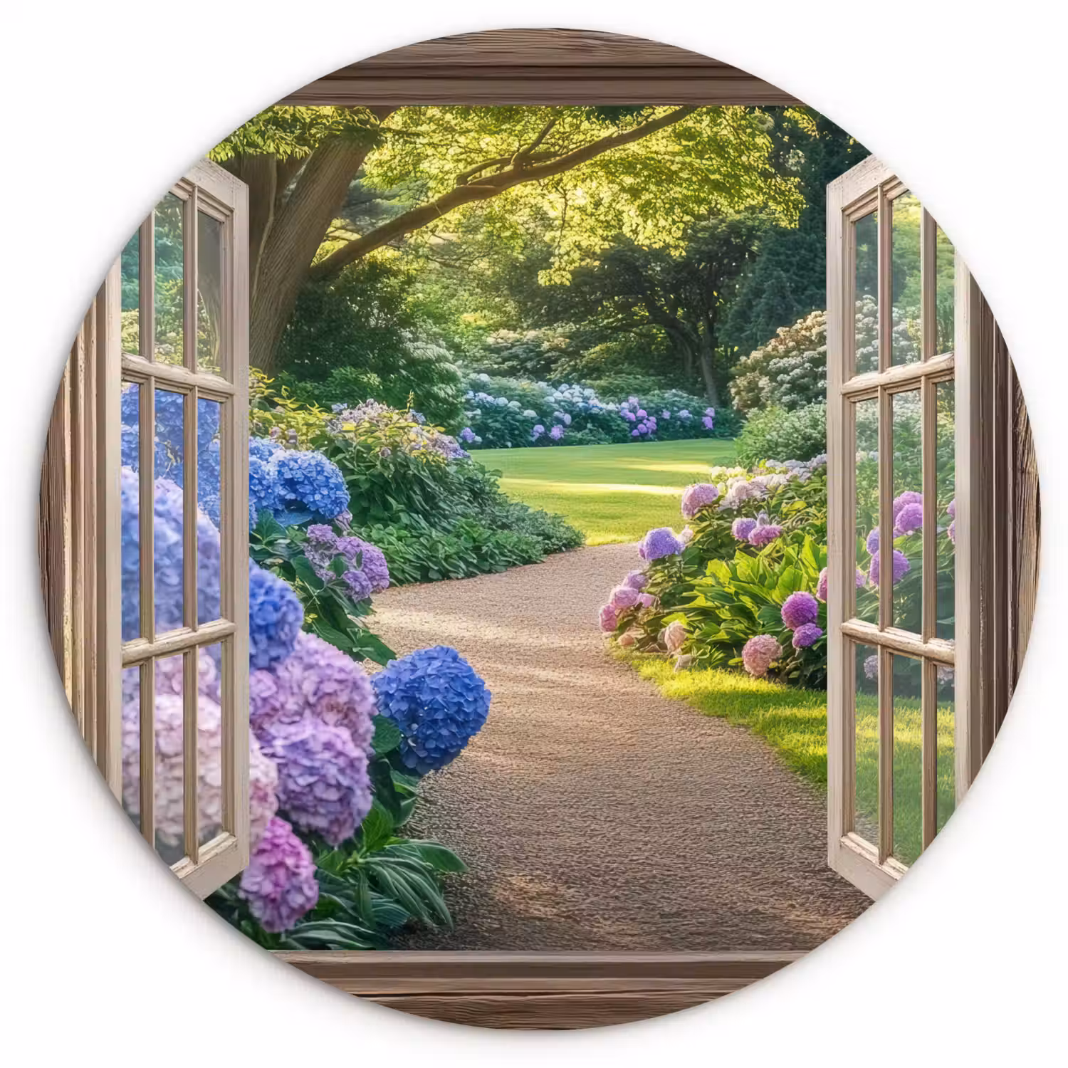 Doorkijk - Tuin - Raam - Hortensia - Bloemen Wandcirkel plexiglas klein -3d