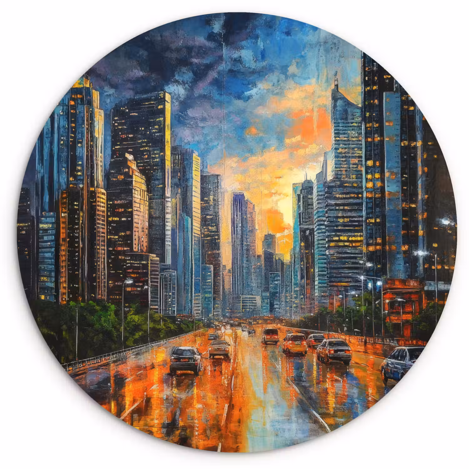 Auto - Skyline - Zon - Blauw Wandcirkel plexiglas klein -3d