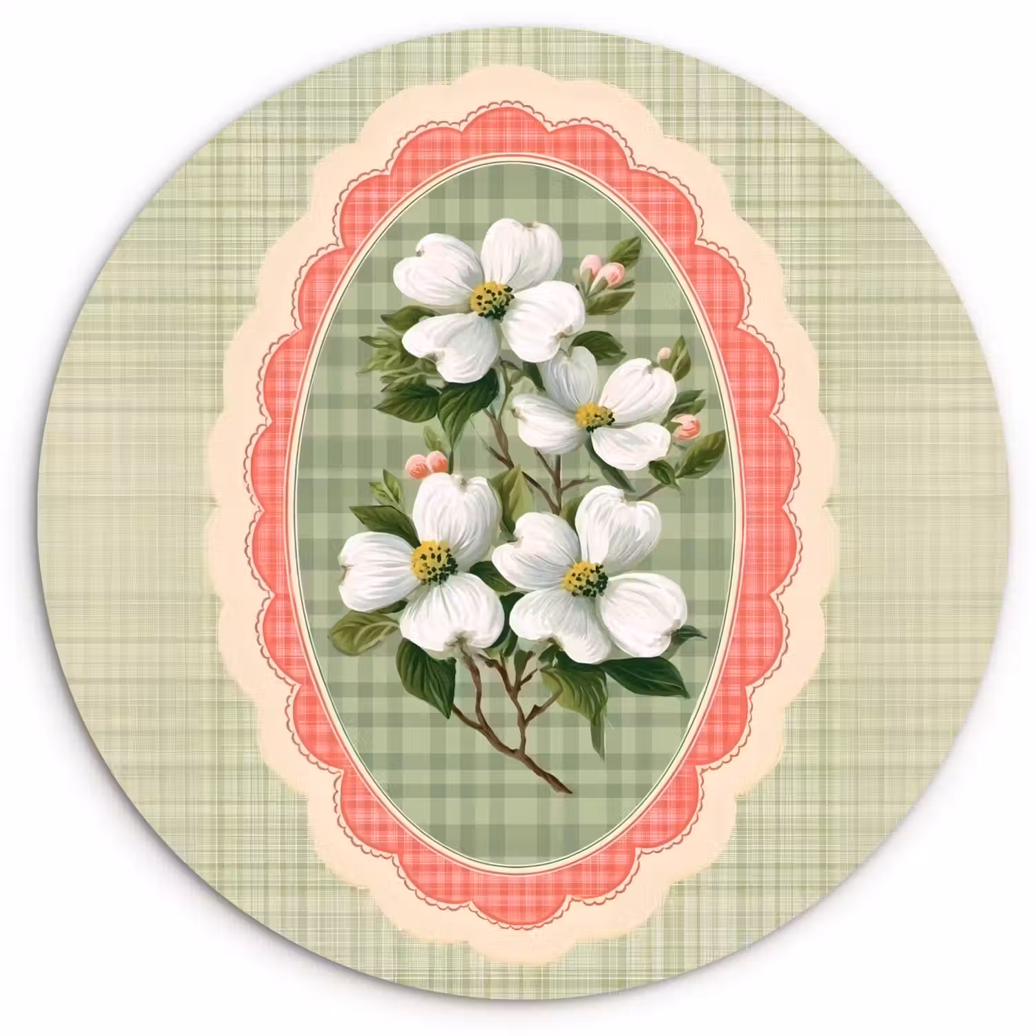 Bloemen - Illustratie - Geruit - Groen Wandcirkel plexiglas klein -3d