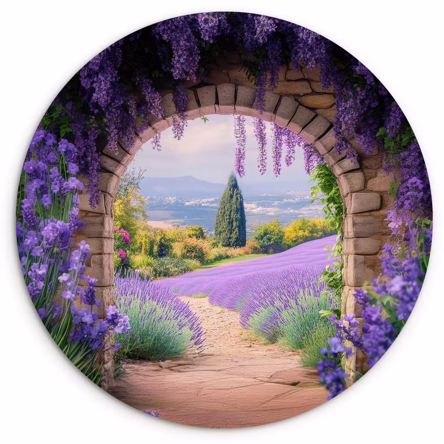 Doorkijk - Lavendel - Bloemen - Paars - Poort Wandcirkel plexiglas klein -3d