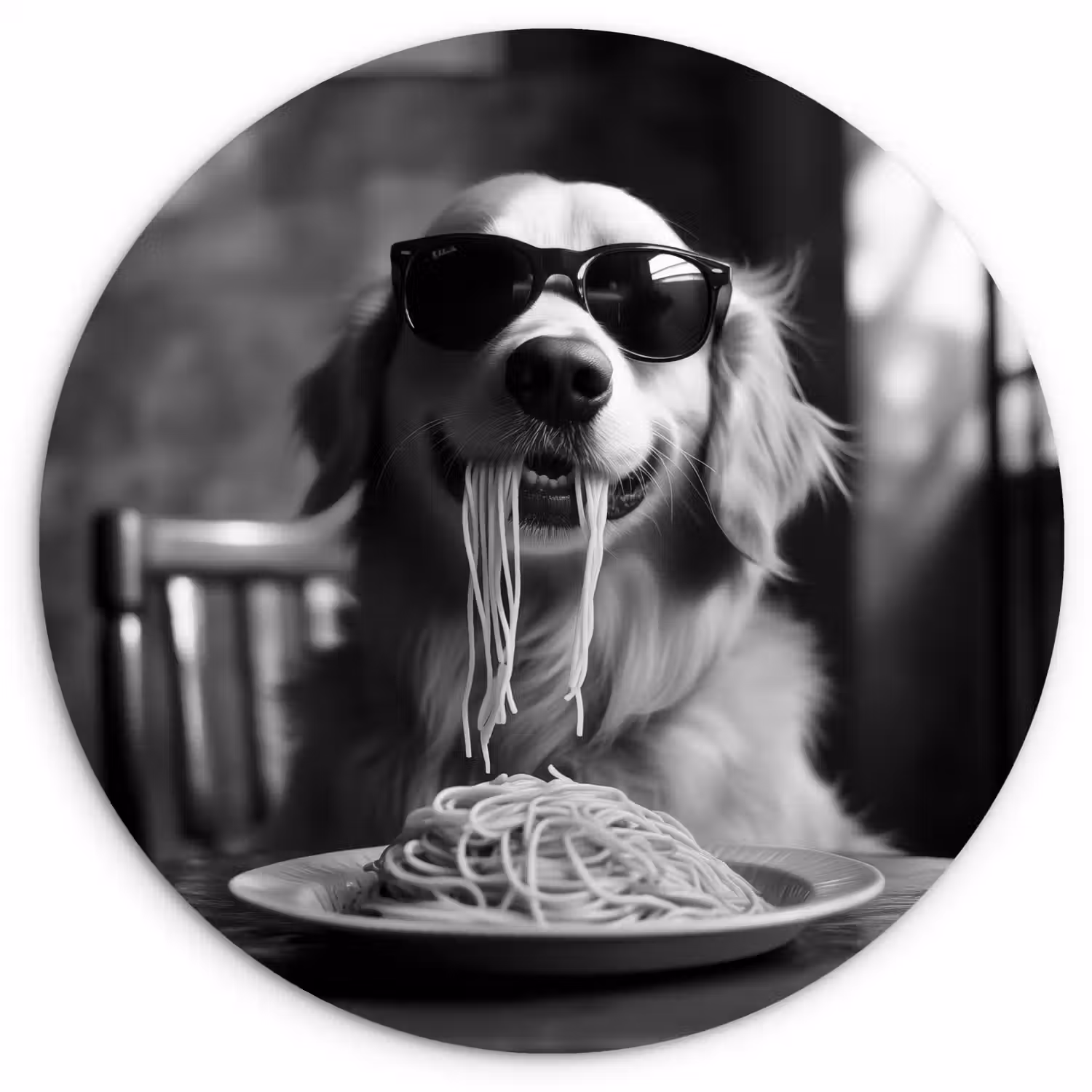Golden Retriever - Hond - Vrolijk - Bord spaghetti - Zwart - wit Wandcirkel plexiglas klein -3d