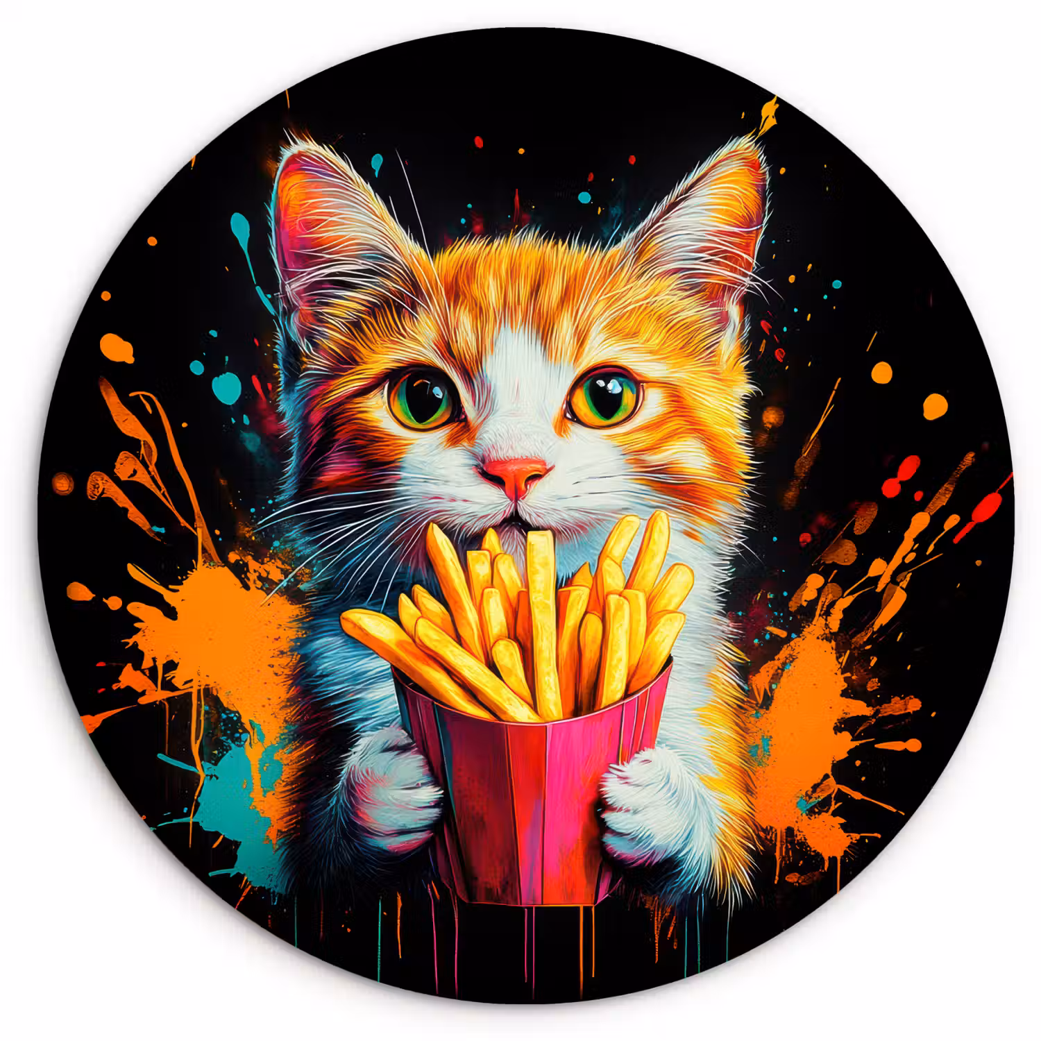 Kat - Eten - Patat - Graffiti - Abstract Wandcirkel plexiglas klein -3d