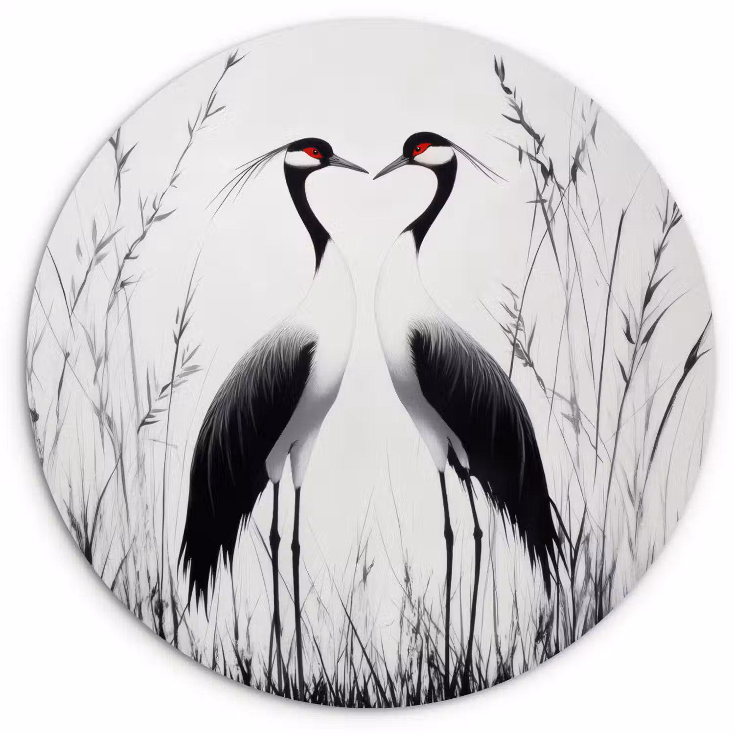 Kraanvogels - Gras - Hartvorm - Zwart Wandcirkel plexiglas klein -3d