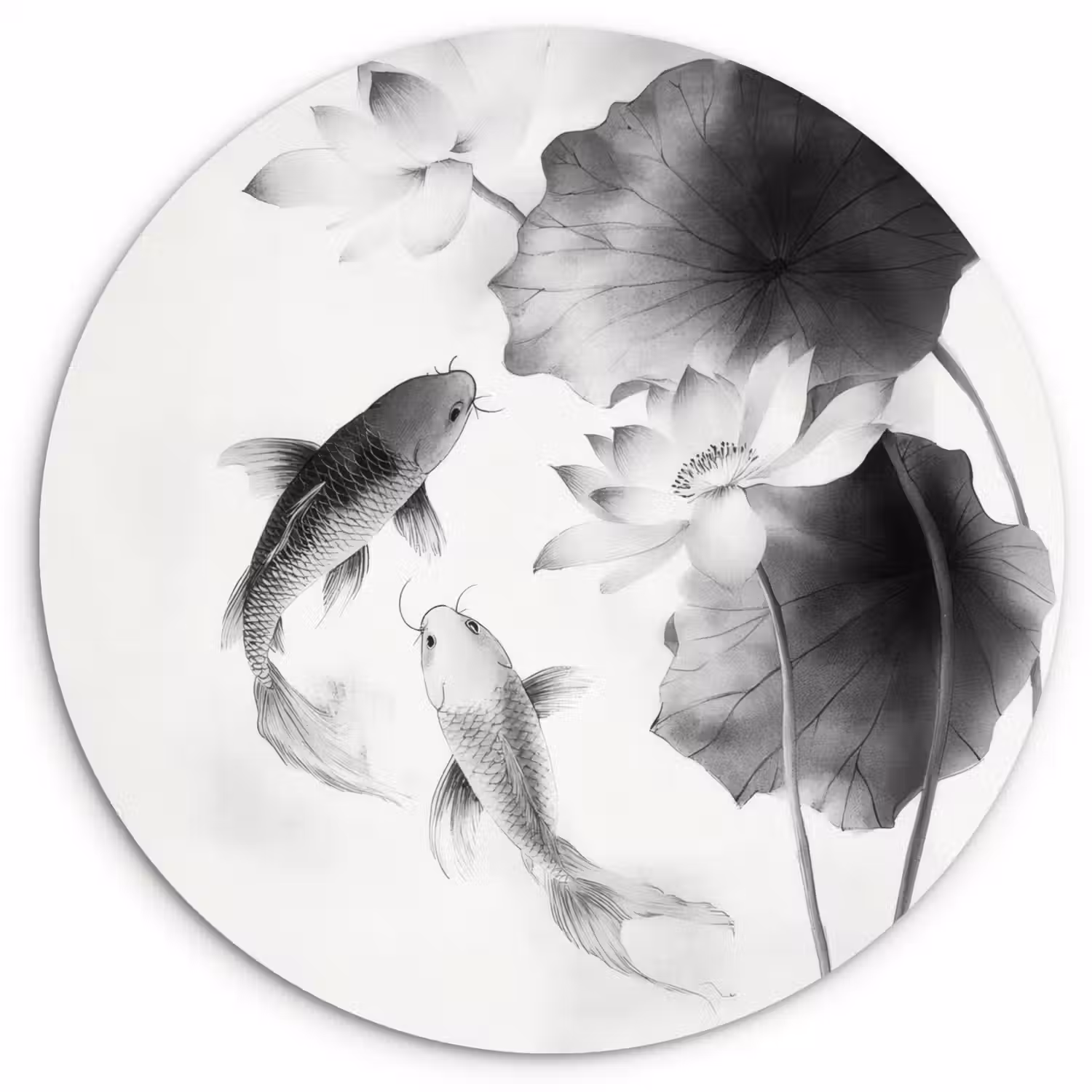 Lotusbloemen - Vissen - Bladeren - Zwart Wandcirkel plexiglas klein -3d