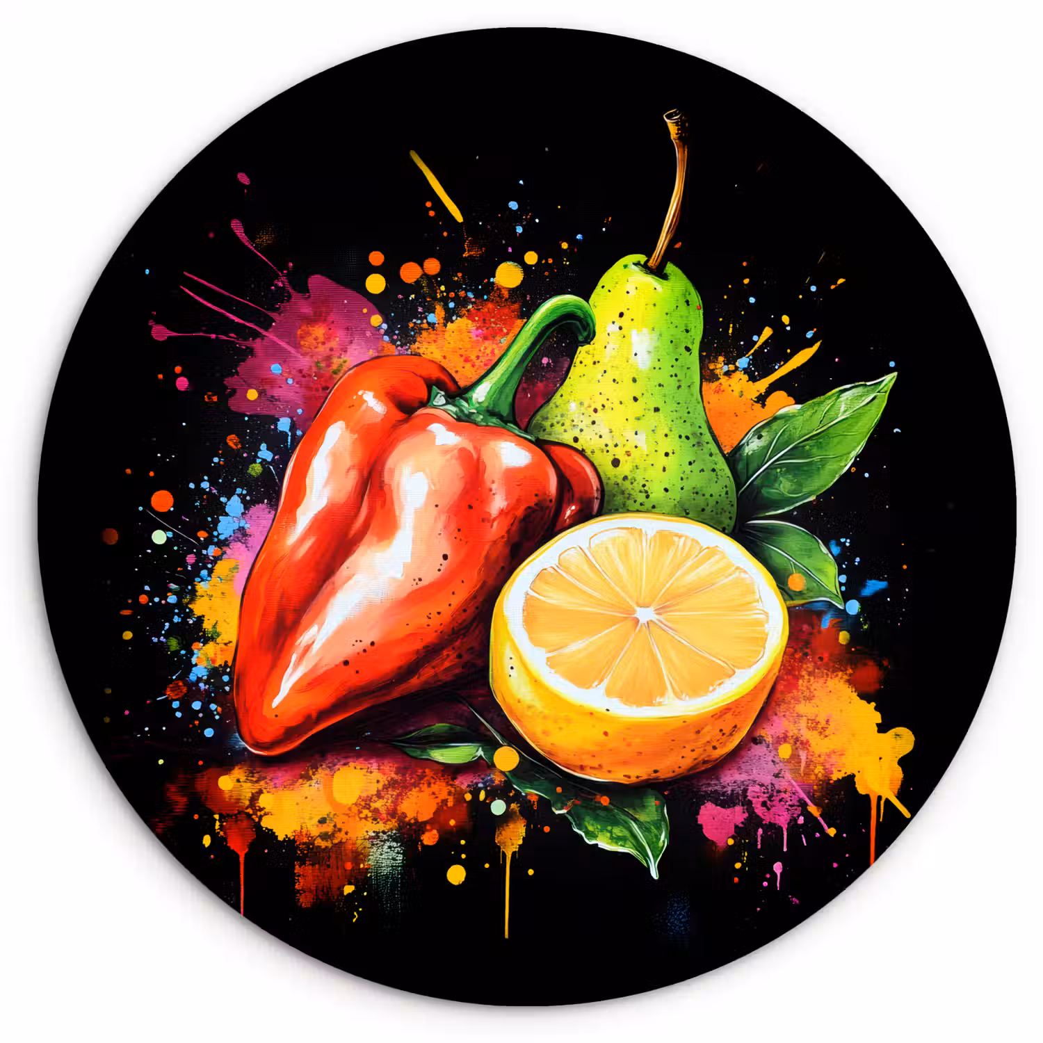 Paprika - Peer - Citroen - Graffiti - Verf - Abstract Wandcirkel plexiglas klein -3d