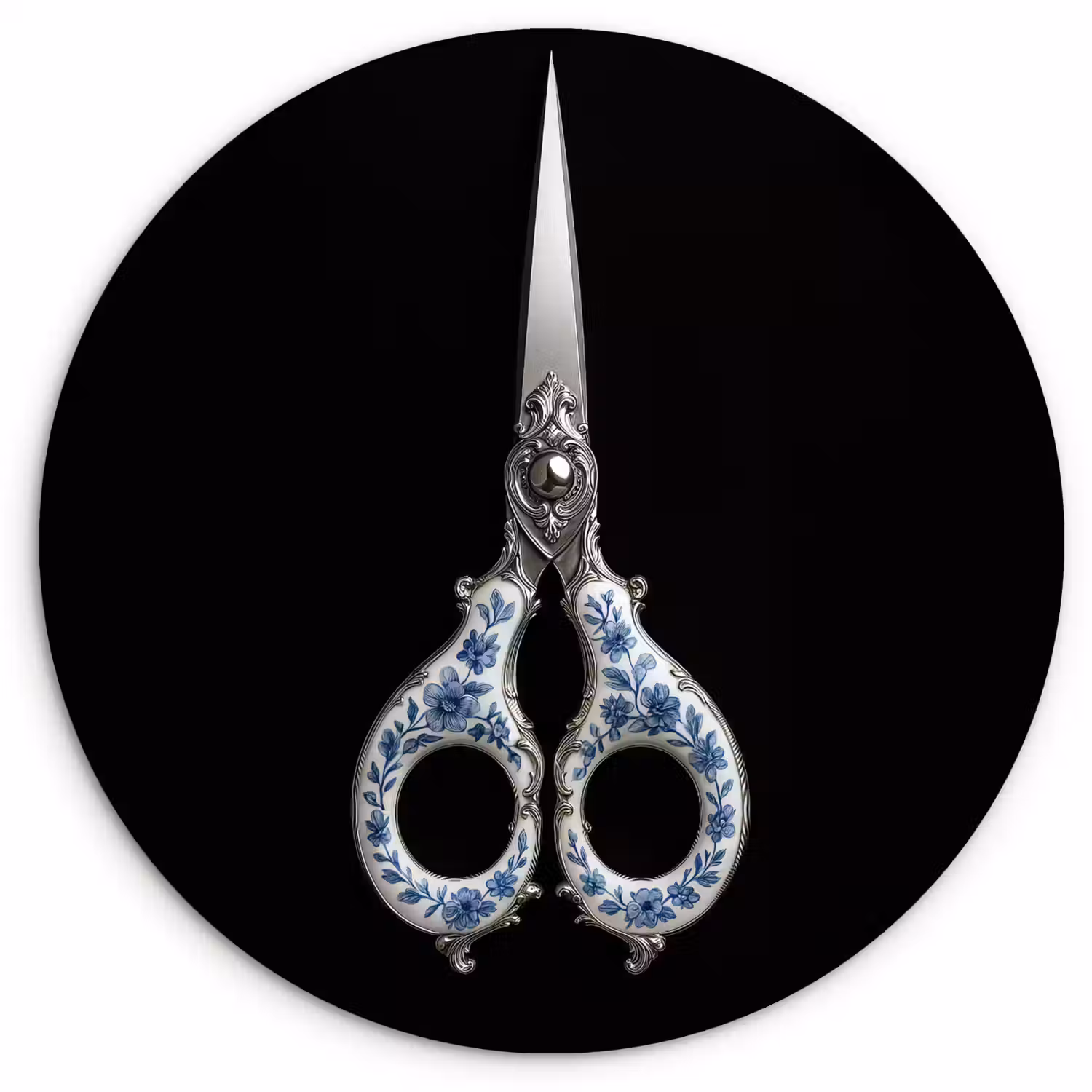 Schaar - Delfts blauw - Zwart Wandcirkel plexiglas klein -3d