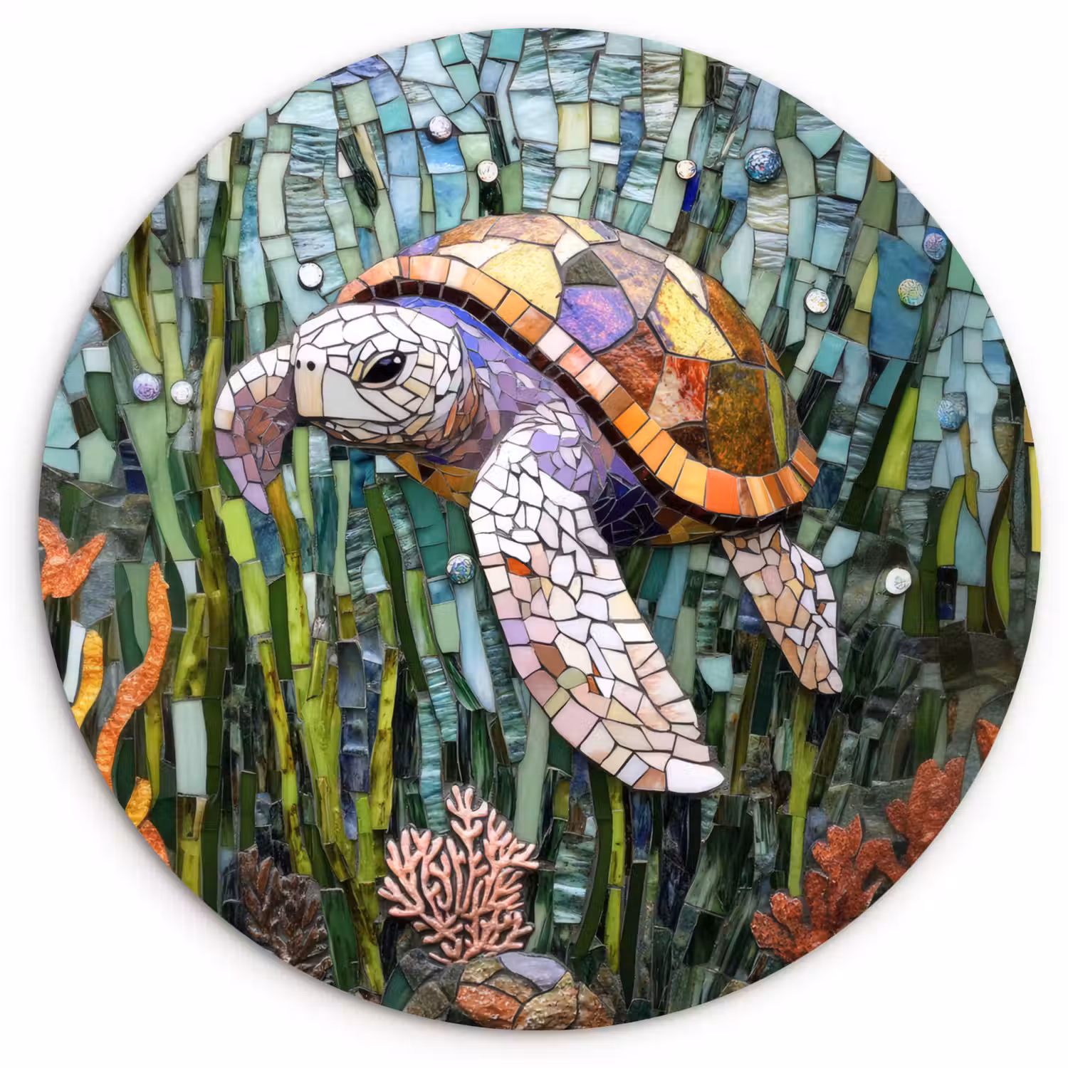 Schildpad - Zeewier - Mozaïek Wandcirkel plexiglas klein -3d