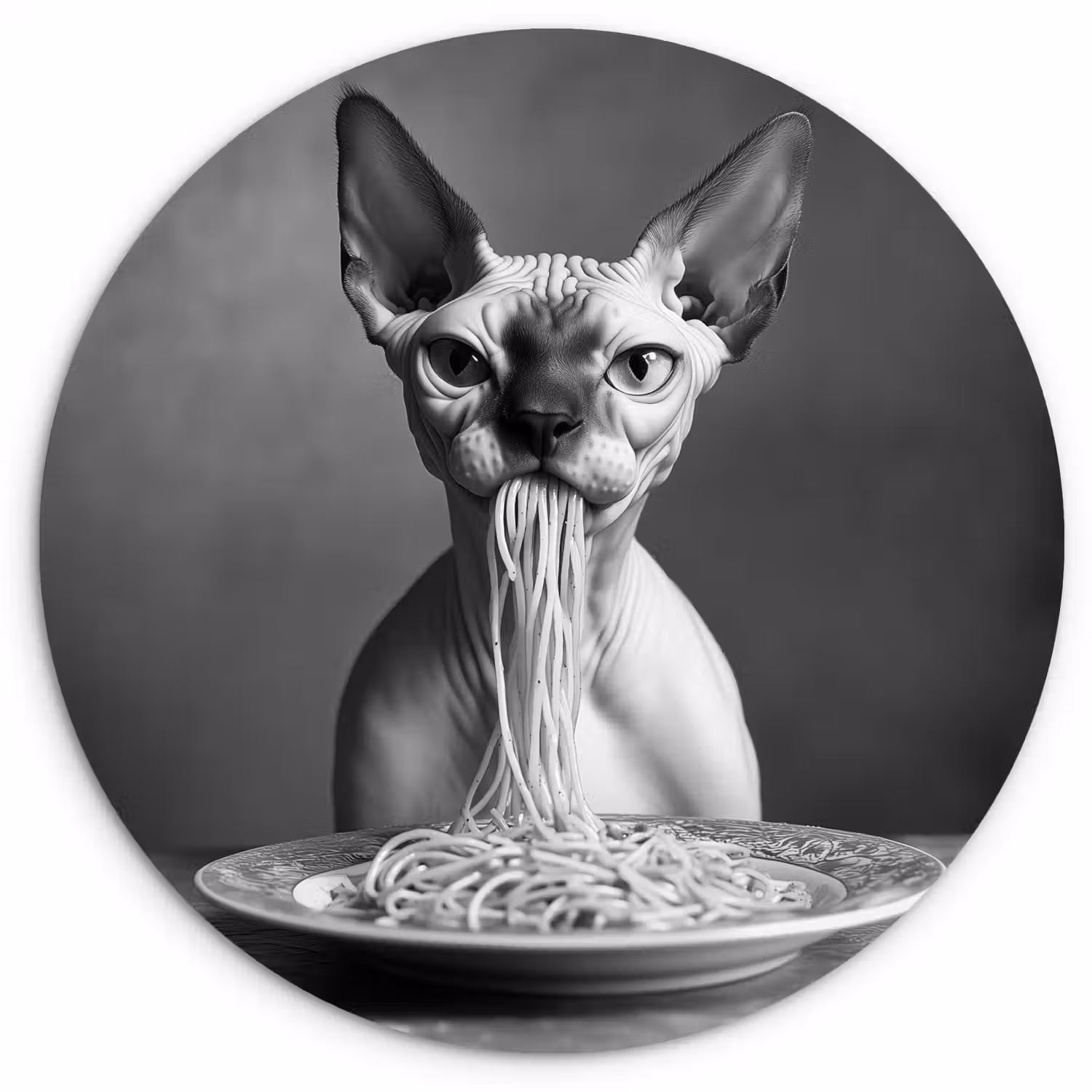 Sphynx - Kat - Dieren - Humor - Spaghetti - Zwart Wit Wandcirkel plexiglas klein -3d
