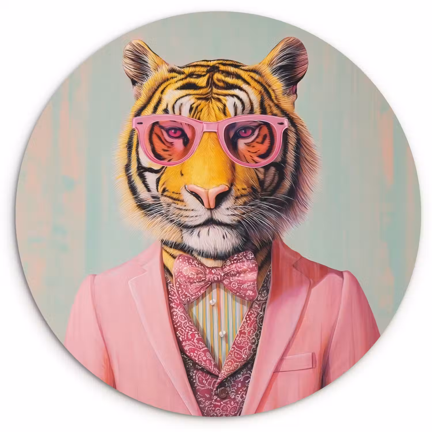 Tijger - Strik - Jasje - Roze Wandcirkel plexiglas klein -3d