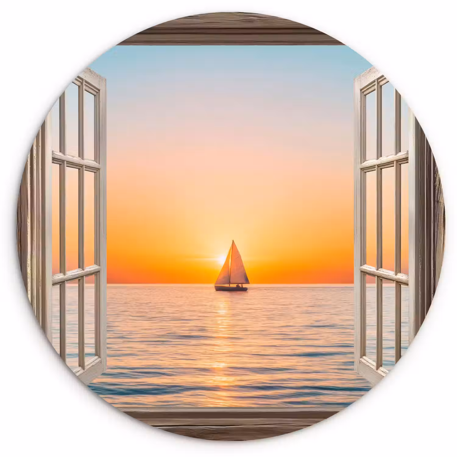 Doorkijk - Zee - Boot - Zonsondergang Wandcirkel plexiglas klein -3d