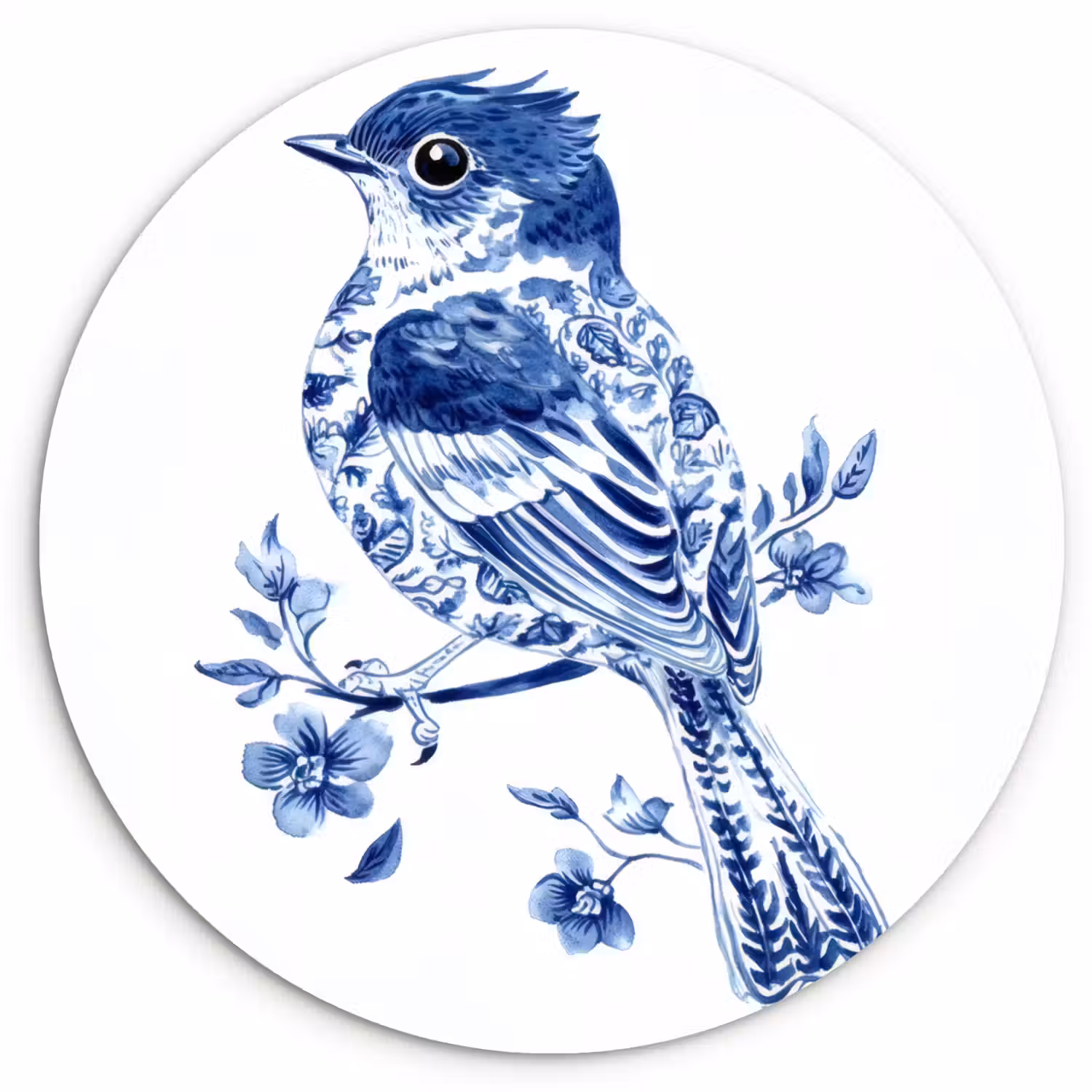 Vogel - Delfts blauw - Illustratie - Bloemen Wandcirkel plexiglas klein -3d