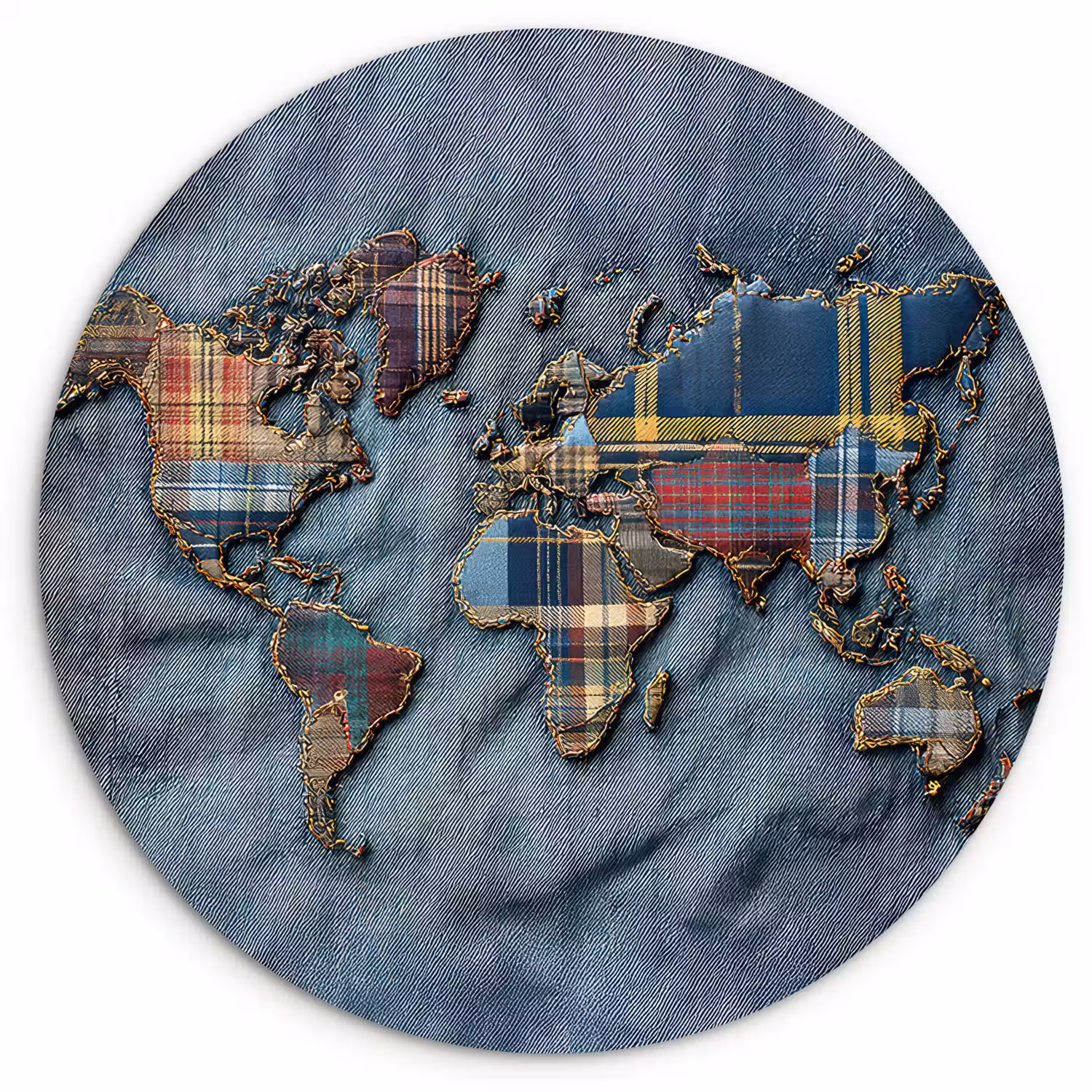 Wereldkaart - Denim - Textiel Wandcirkel plexiglas klein -3d
