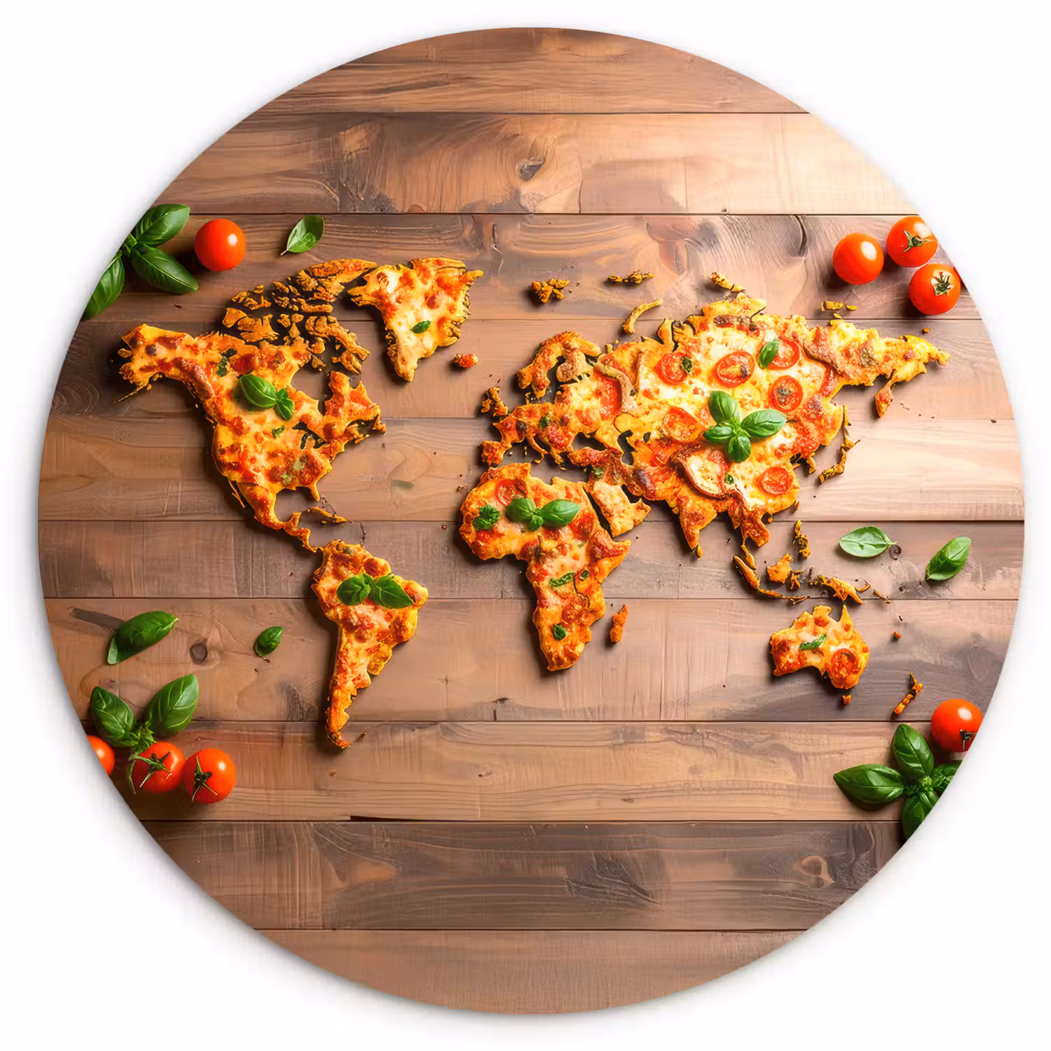 Wereldkaart - Pizza - Houten ondergrond Wandcirkel plexiglas klein -3d
