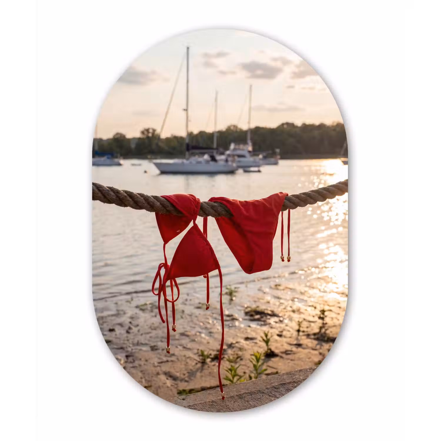 Badkleding - Rood - Zomer - Water - Zonsondergang Wandcirkel Ovaal Aluminium middel -3d