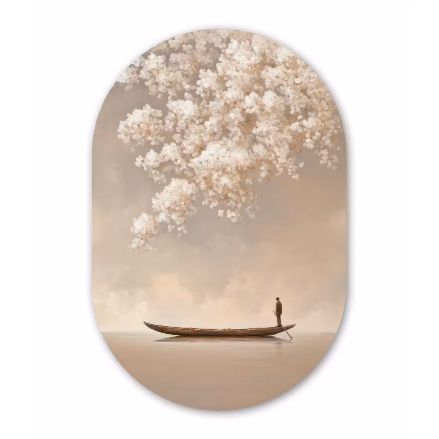 Bloesems - Wit - Boot - Minimalistisch Wandcirkel Ovaal Aluminium middel -3d