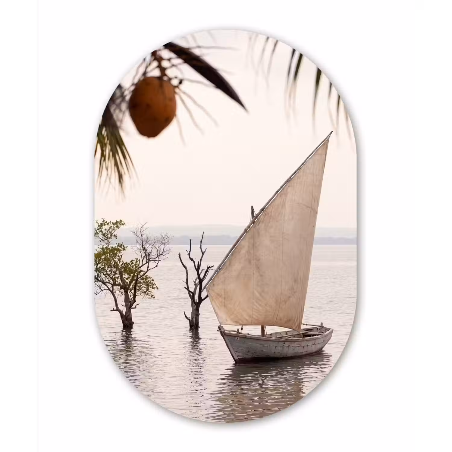 Boot - Zeil - Water - Tropisch - Natuur Wandcirkel Ovaal Aluminium middel -3d
