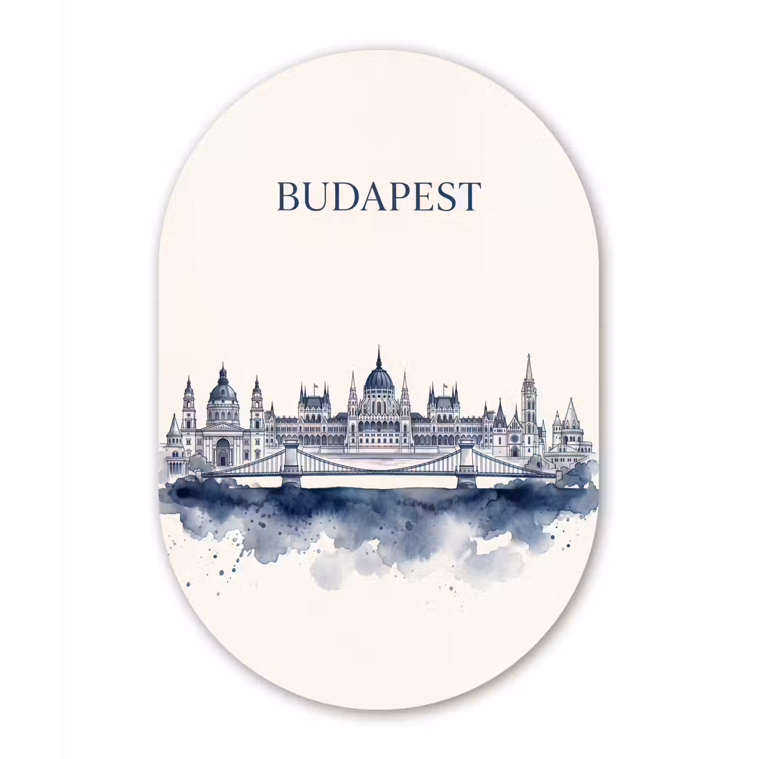 Boedapest - Skyline - Architectuur - Aquarel - Blauw Wandcirkel Ovaal Aluminium middel -3d