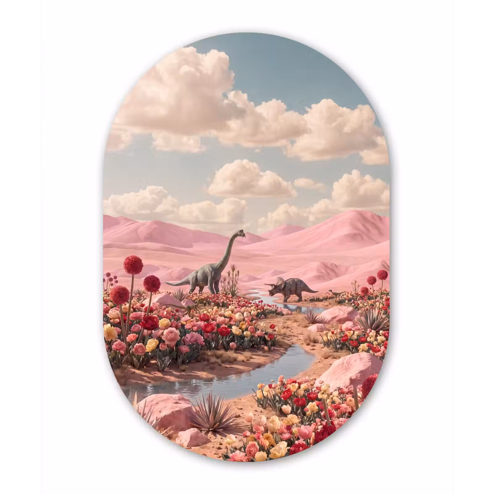 Wandoval - Aluminium - Dinosaurier – Rosa – Landschaft - Dinosaurus - Roze - Landschap Wandcirkel Ovaal Aluminium middel