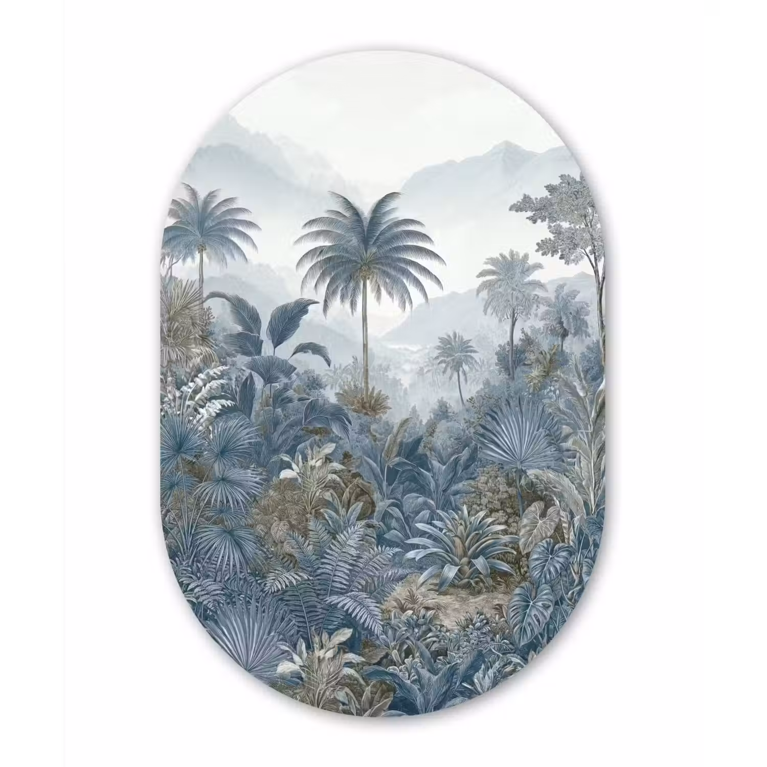 Jungle - Landschap - Blauw Wandcirkel Ovaal Aluminium middel -3d