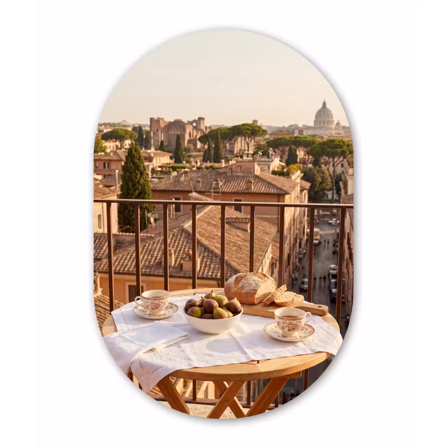 Eten - Ontbijt - Balkon - Stad - Zonsopgang Wandcirkel Ovaal Aluminium middel -3d