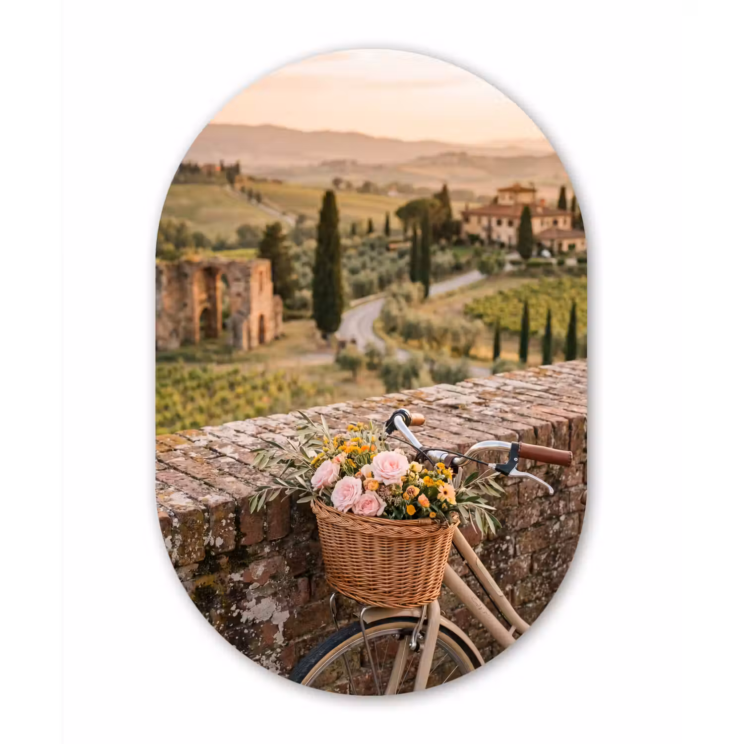 Fiets - Bloemen - Toscane - Landschap - Roze Wandcirkel Ovaal Aluminium middel -3d