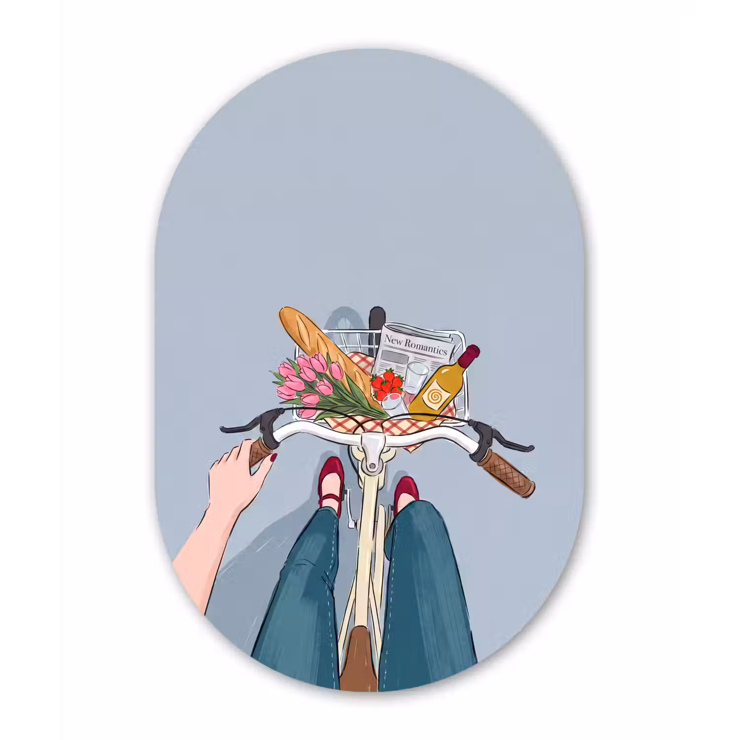 Fiets - Picknick - Zomer - Illustratie Wandcirkel Ovaal Aluminium middel -3d