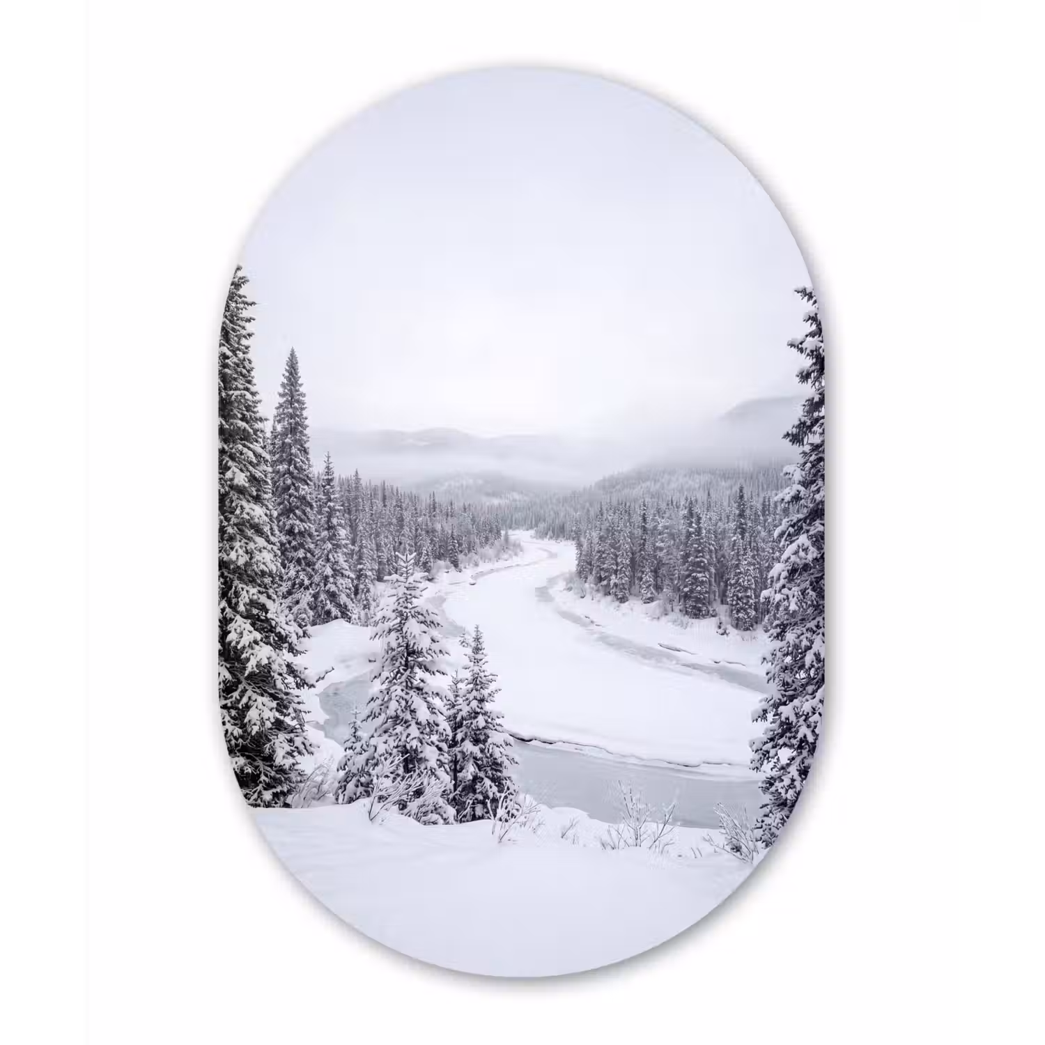 Rivier - Bevroren - Landschap - Winter Wandcirkel Ovaal Aluminium middel -3d
