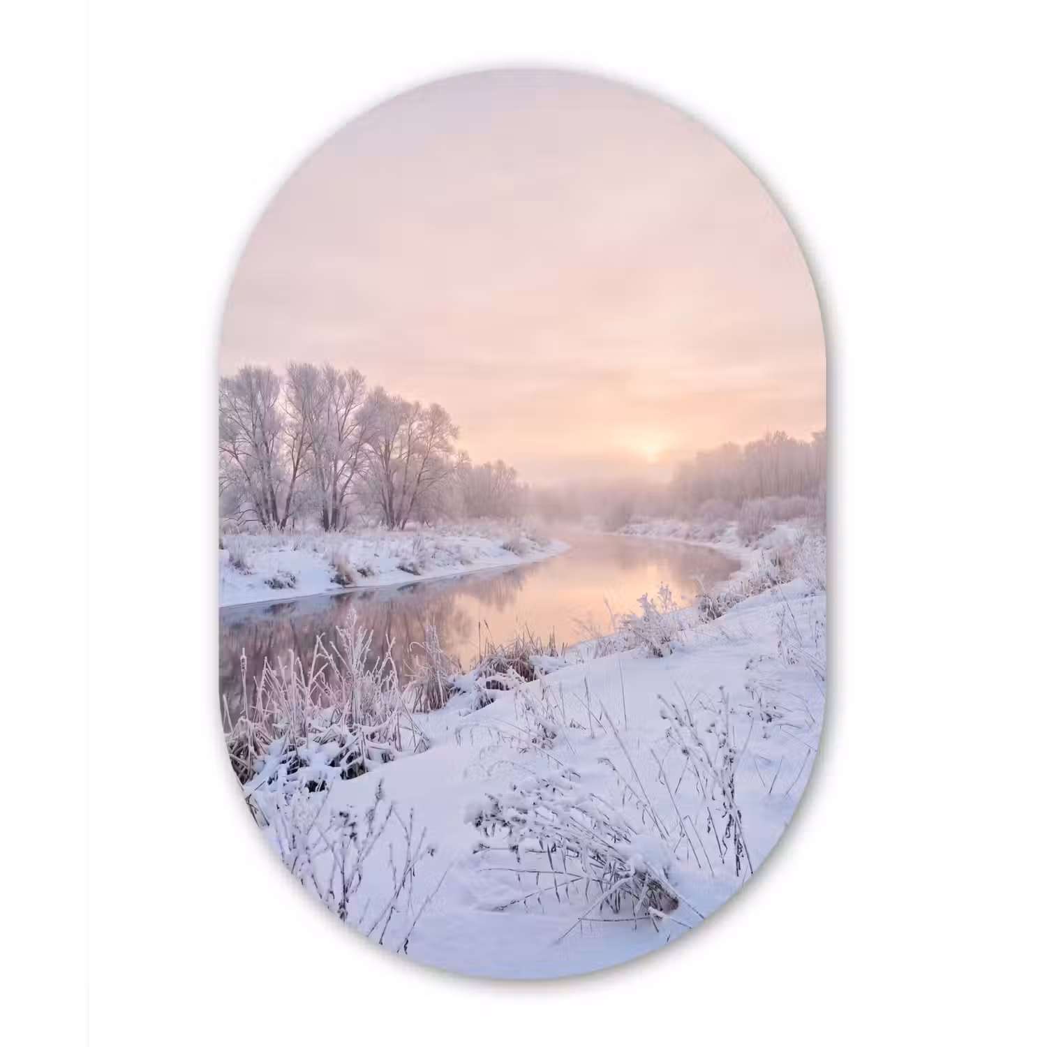 Rivier - Winter - Landschap - Sneeuw - Zonsopgang Wandcirkel Ovaal Aluminium middel -3d