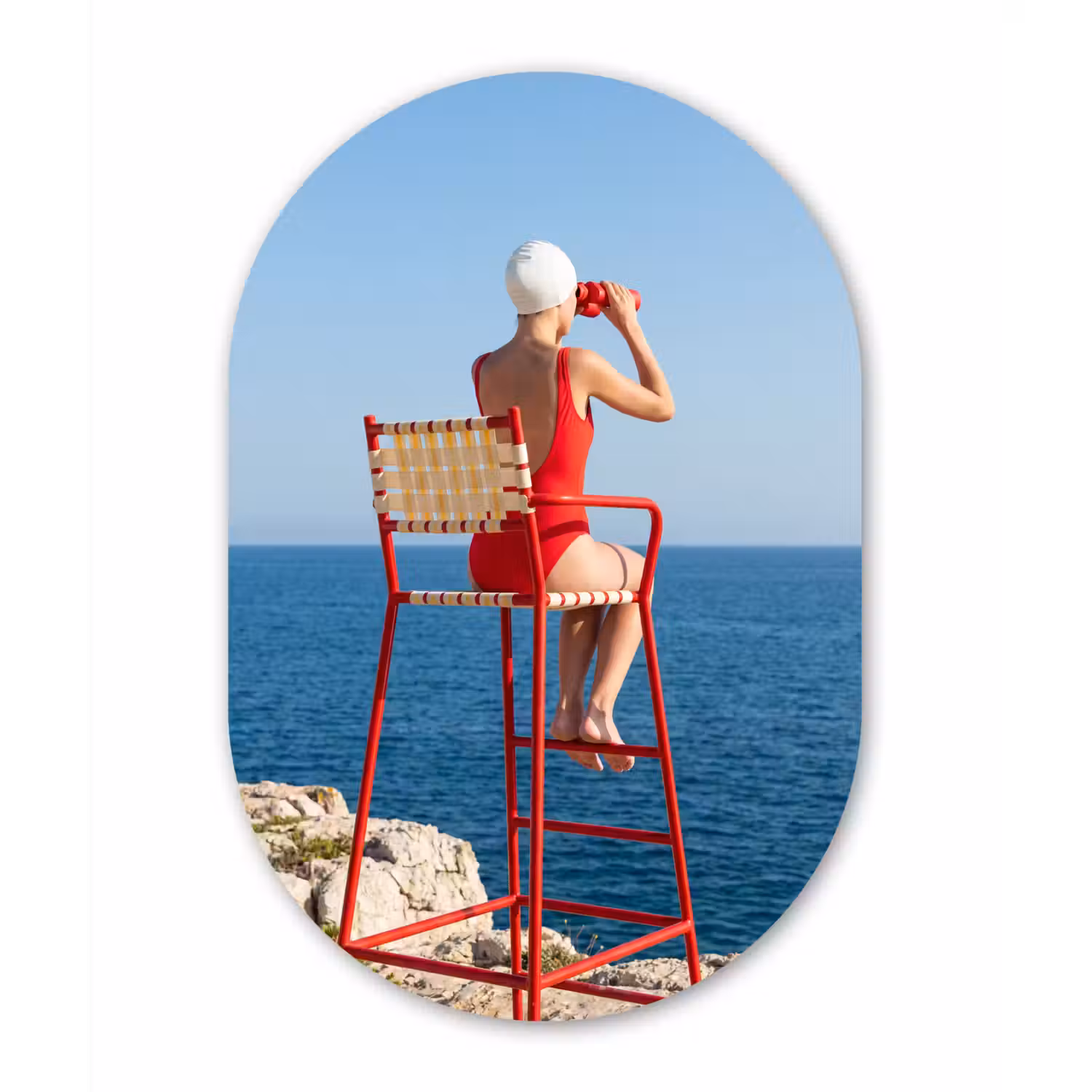Vrouw - Zee - Kust - Verrekijker - Rood Wandcirkel Ovaal Aluminium middel -3d