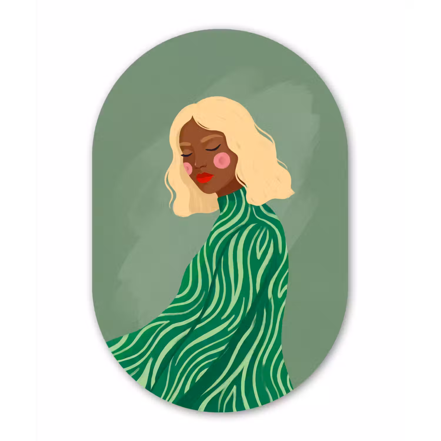Vrouw - Portret - Illustratie - Modern - Groen Wandcirkel Ovaal Aluminium middel -3d