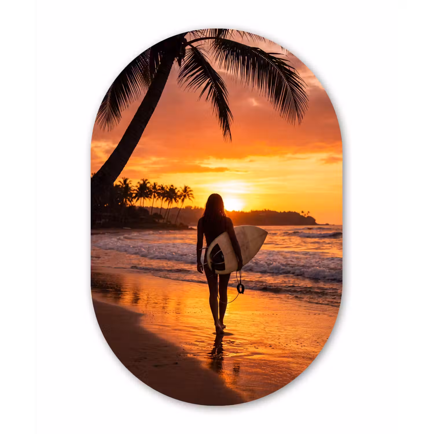 Vrouw - Surfplank - Strand - Zonsondergang - Oranje Wandcirkel Ovaal Aluminium middel -3d