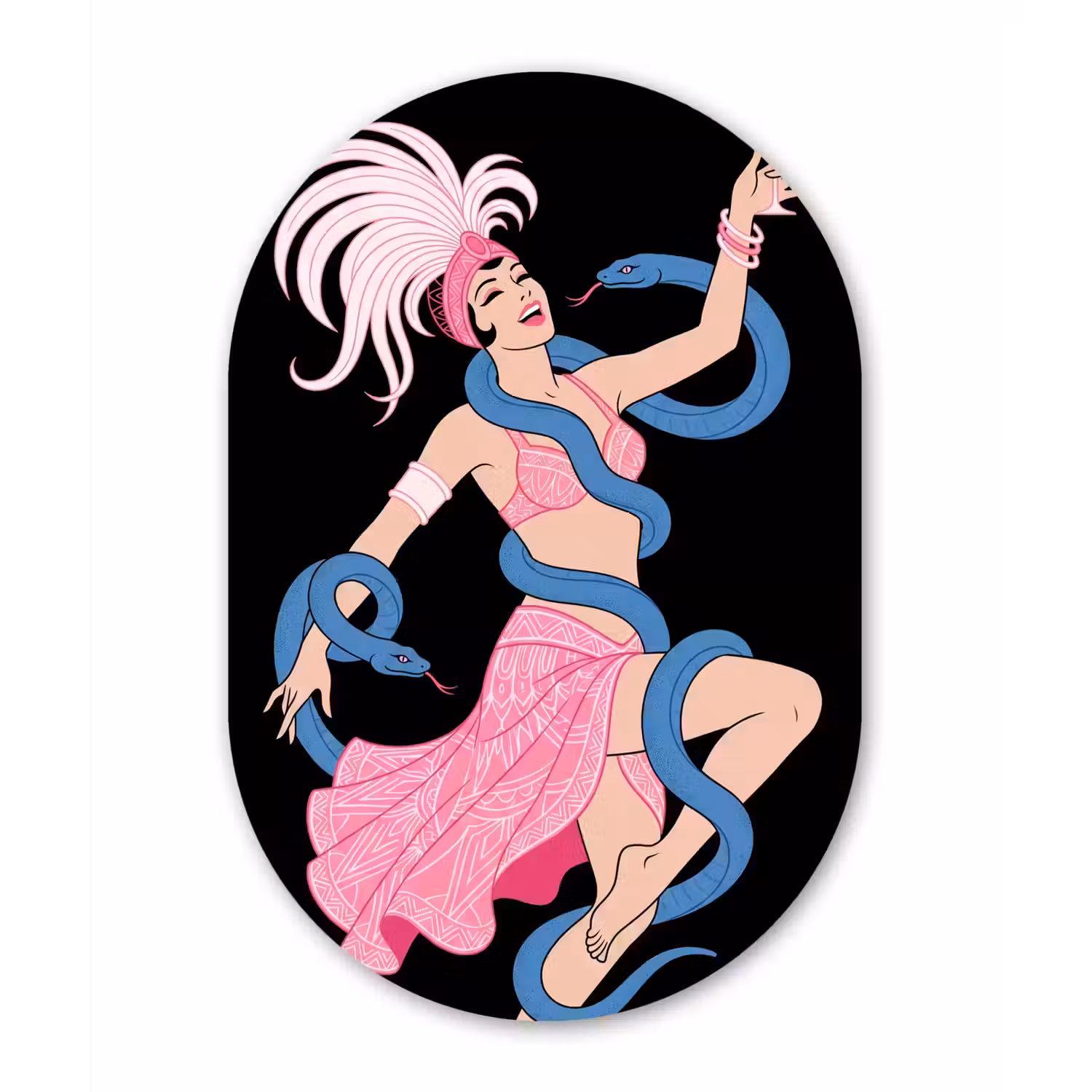Vrouw - Danseres - Slangen - Art Deco - Roze Wandcirkel Ovaal Aluminium middel -3d