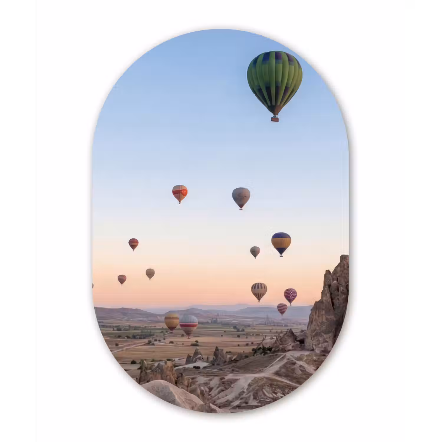 Luchtballonnen - Rotsen - Zonsopgang Wandcirkel Ovaal Aluminium middel -3d