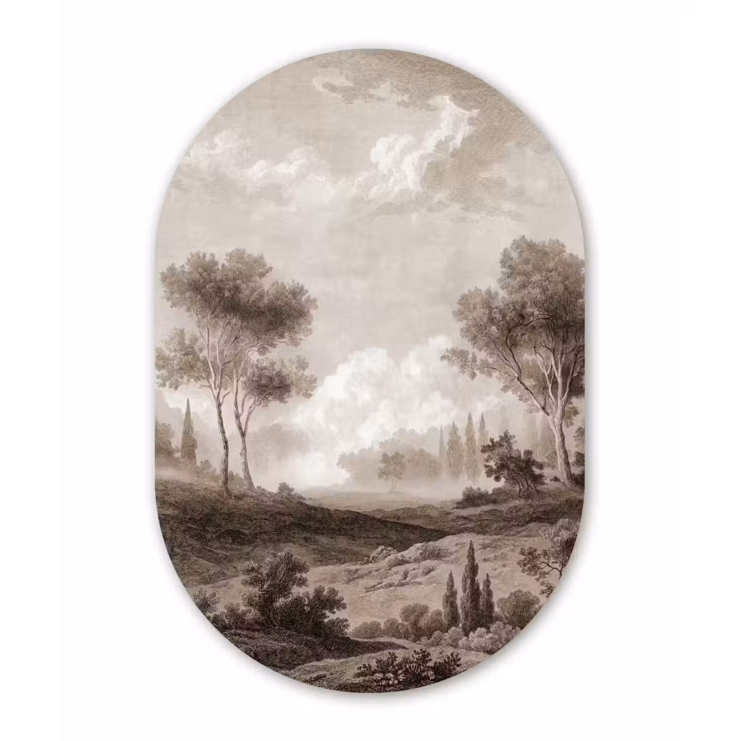 Klassiek - Landschap - Neutraal Wandcirkel Ovaal Aluminium middel -3d