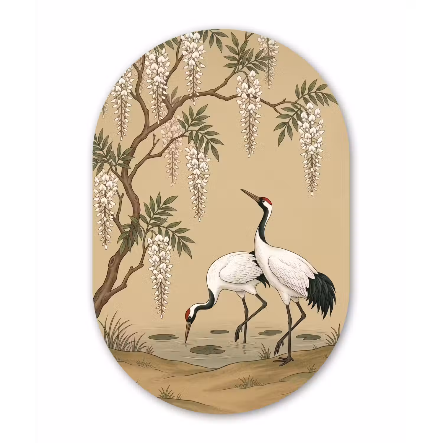 Kraanvogels - Water - Beige Wandcirkel Ovaal Aluminium middel -3d