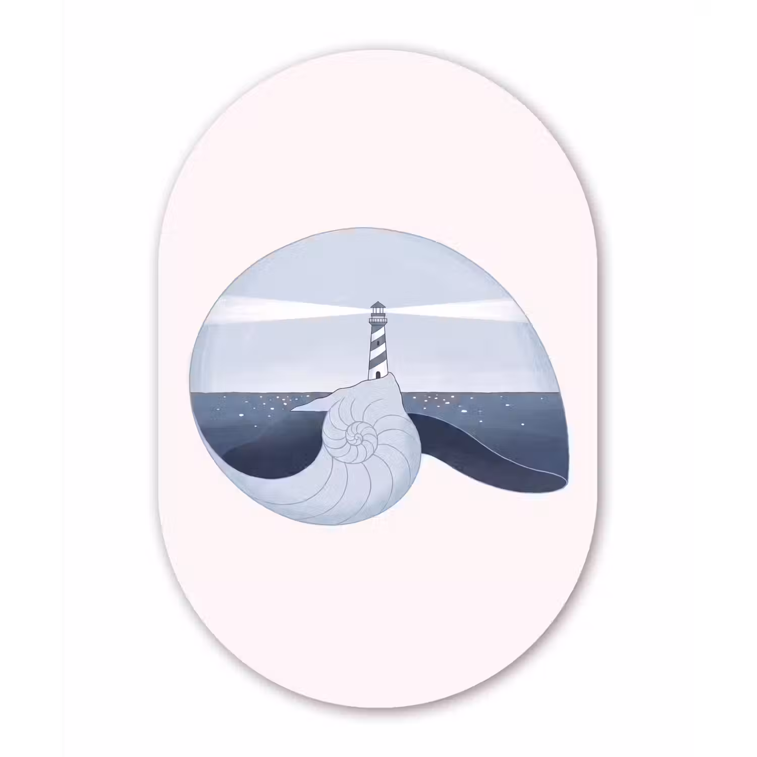 Vuurtoren - Zee - Schelp - Abstract - Blauw Wandcirkel Ovaal Aluminium middel -3d