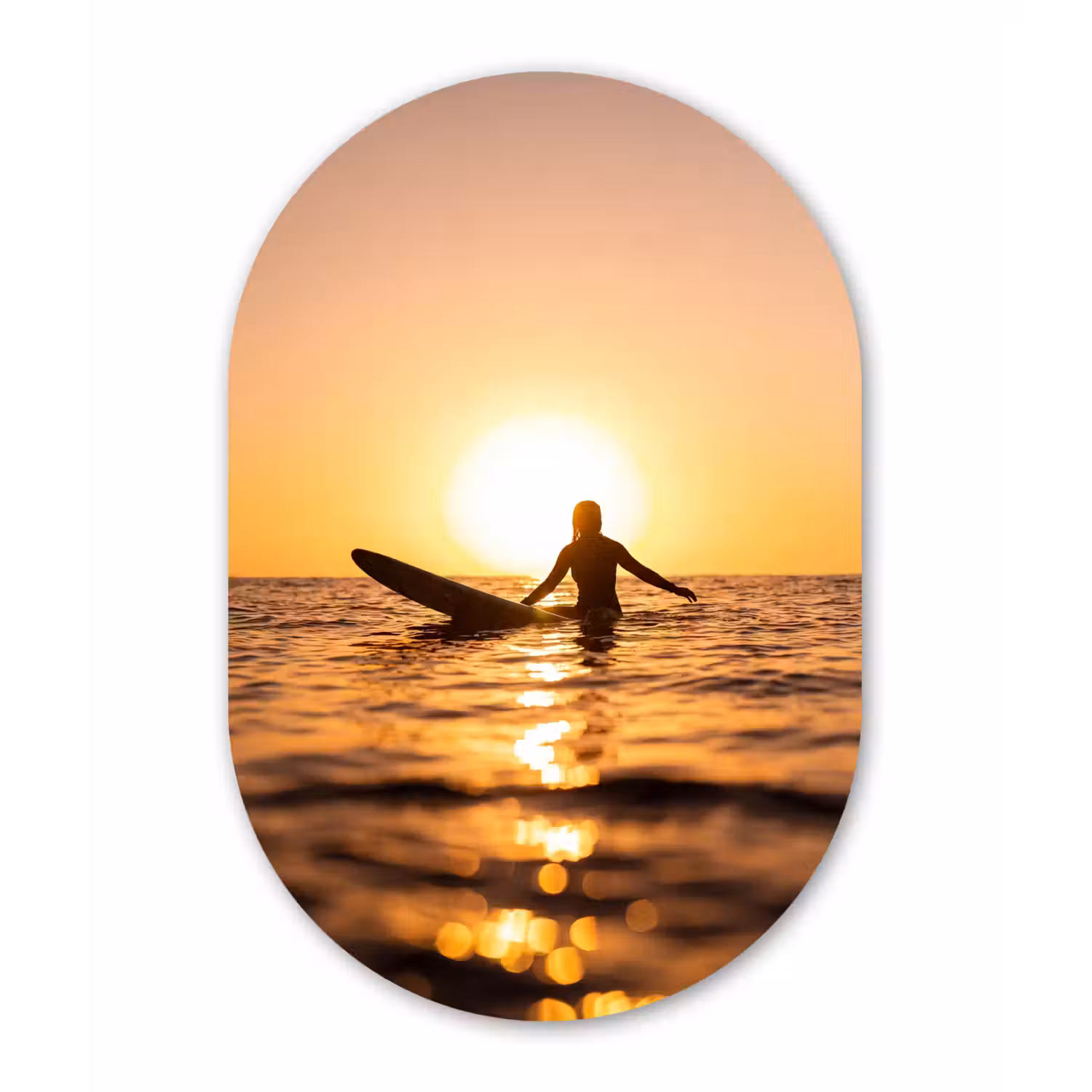Persoon - Surfen - Zonsondergang - Zee - Oranje Wandcirkel Ovaal Aluminium middel -3d