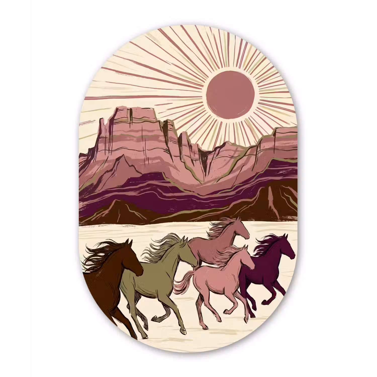 Paarden - Rennend - Woestijn - Natuur - Abstract Wandcirkel Ovaal Aluminium middel -3d