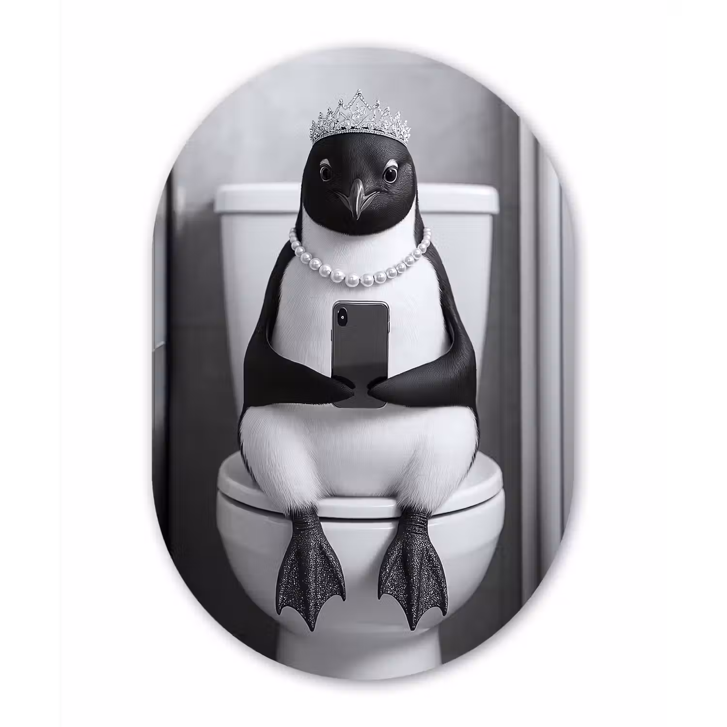 Pinguïn - Telefoon - Toilet - Zwart - Wit Wandcirkel Ovaal Aluminium middel -3d