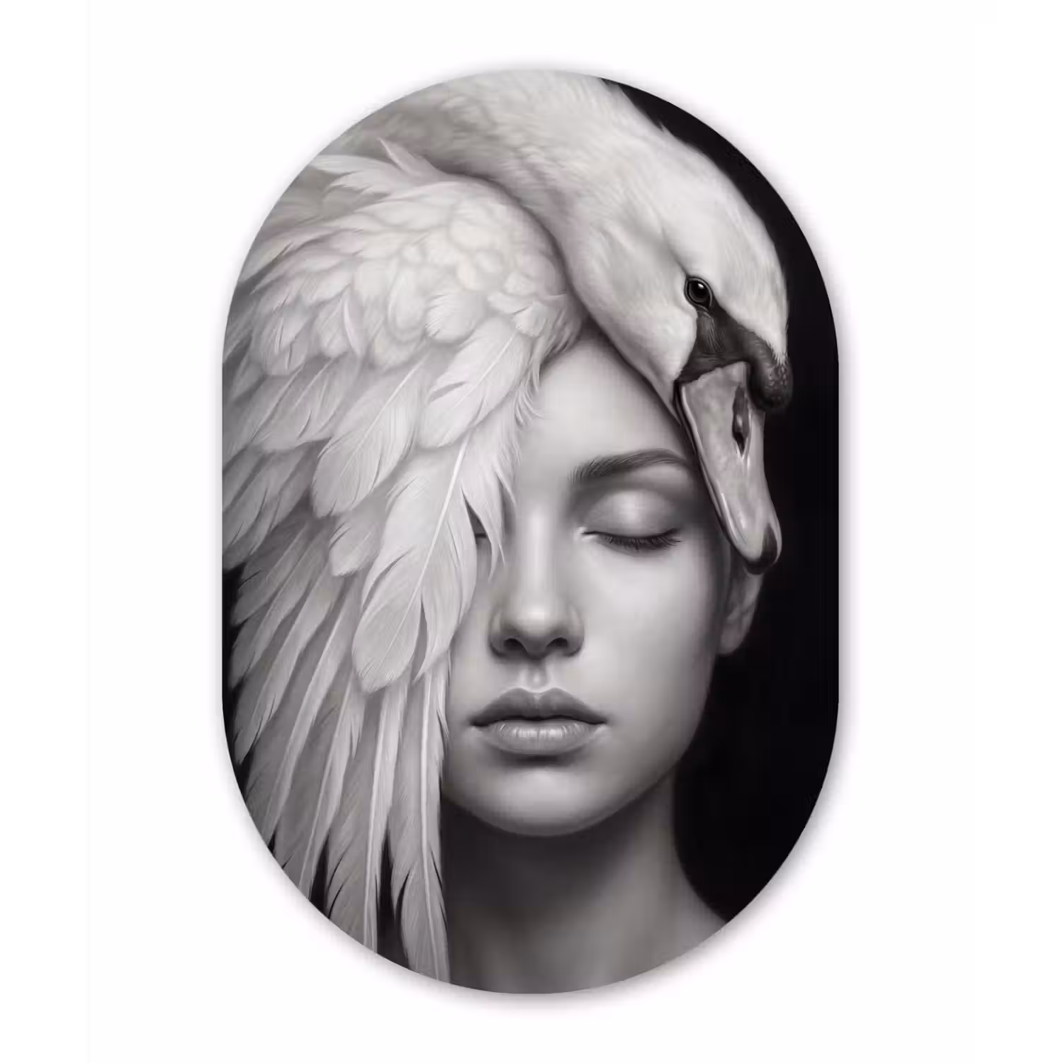 Portret - Zwaan - Zwart - Wit Wandcirkel Ovaal Aluminium middel -3d
