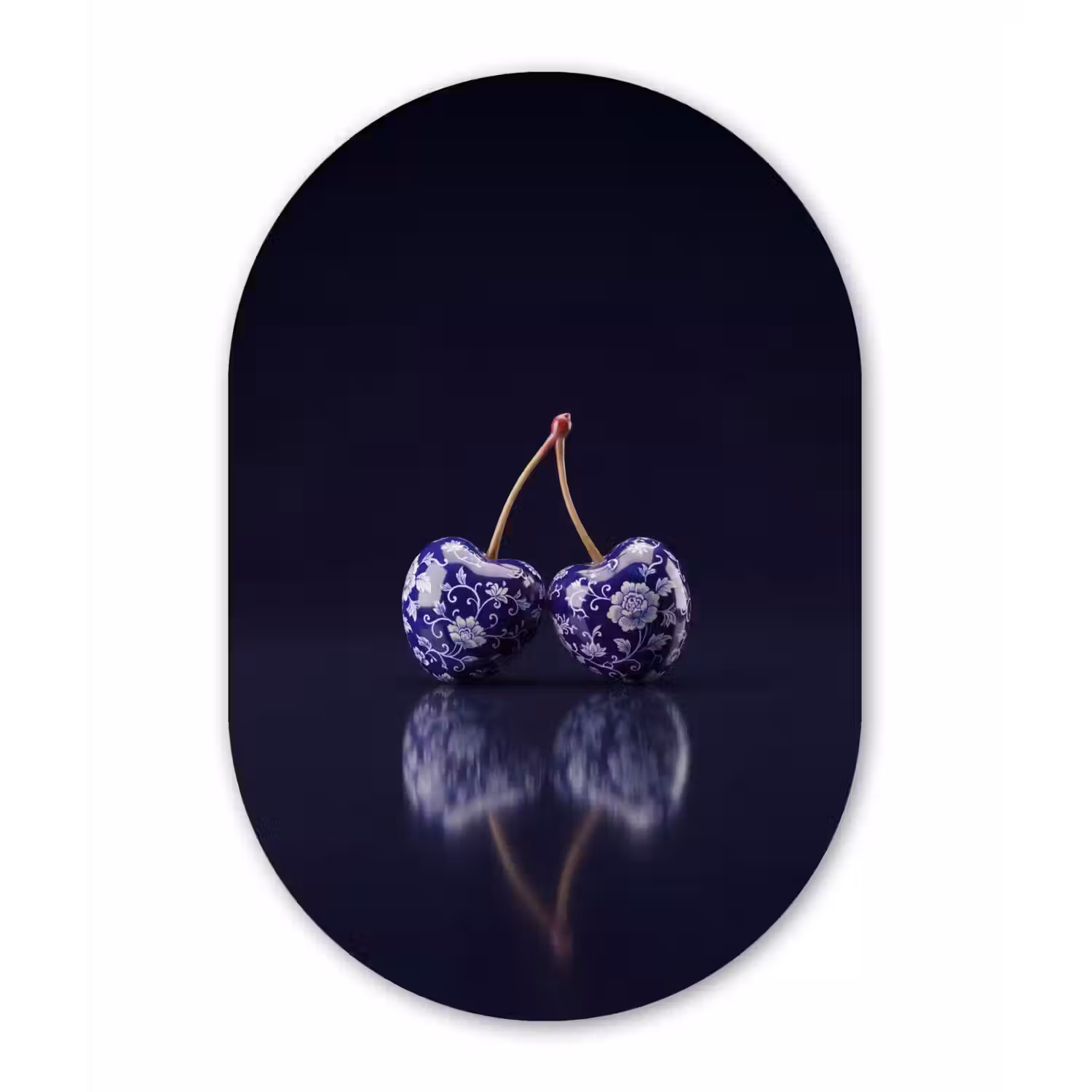 Porselein- Kersen - Delfts - Blauw Wandcirkel Ovaal Aluminium middel -3d