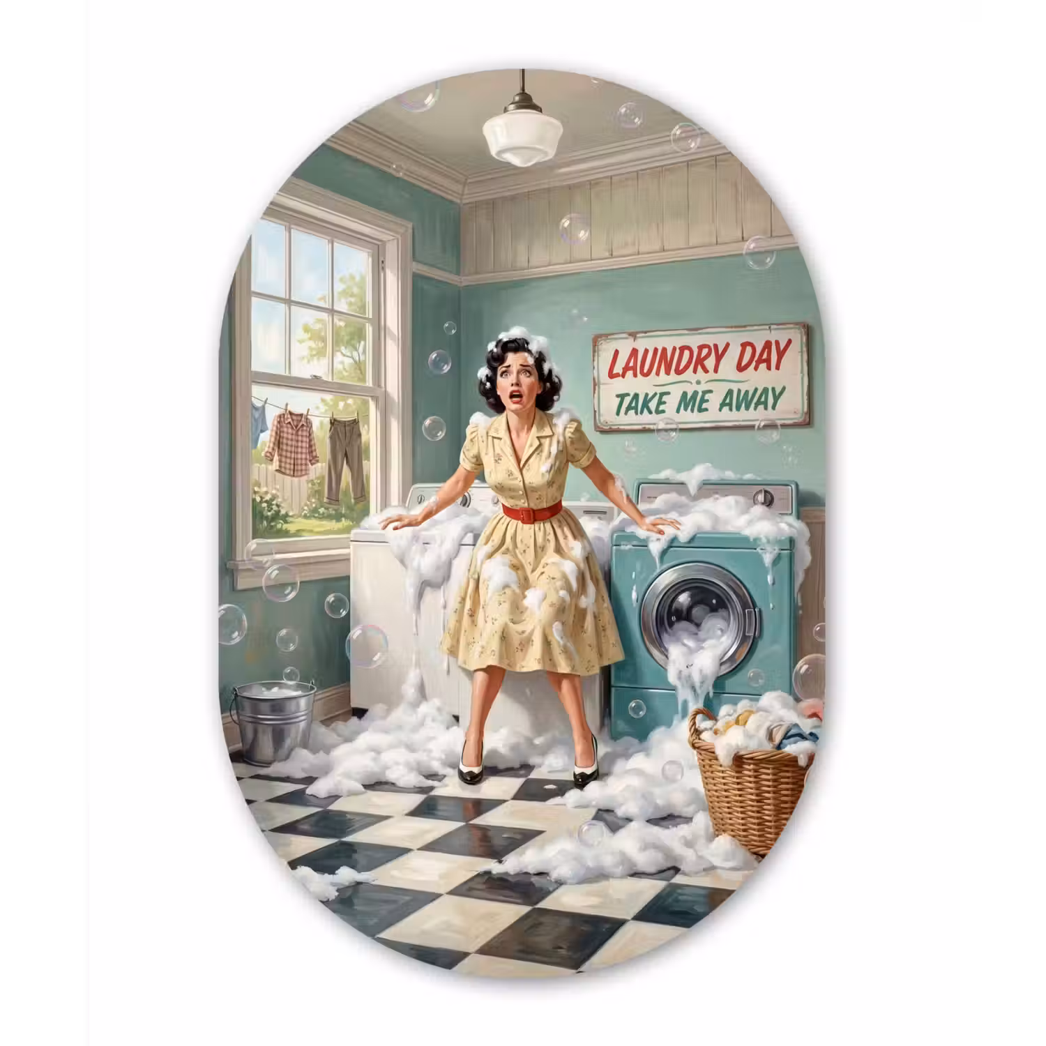 Retro - Blauw - Vrouw Wandcirkel Ovaal Aluminium middel -3d