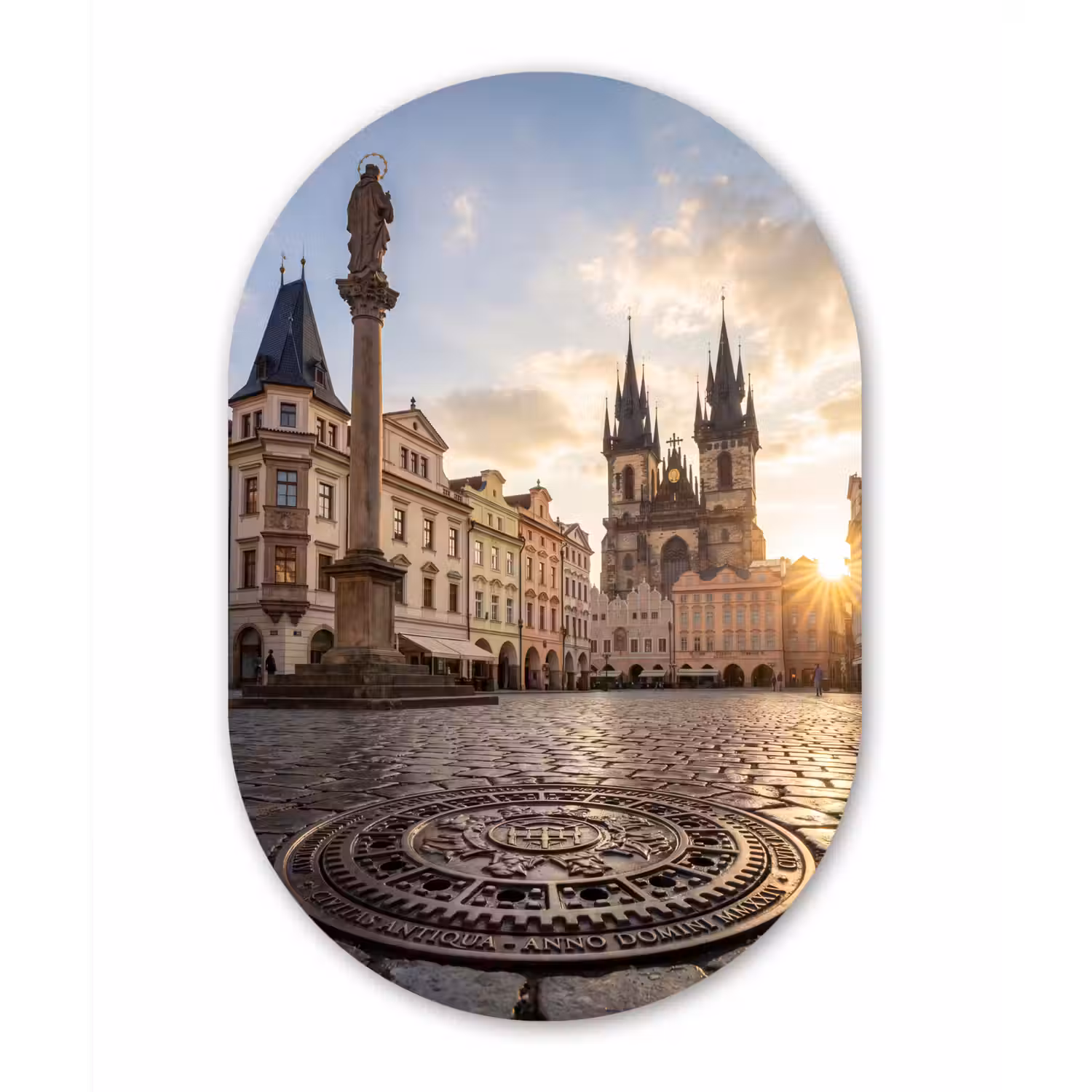 Stad - Praag - Ochtend - Architectuur - Goud Wandcirkel Ovaal Aluminium middel -3d