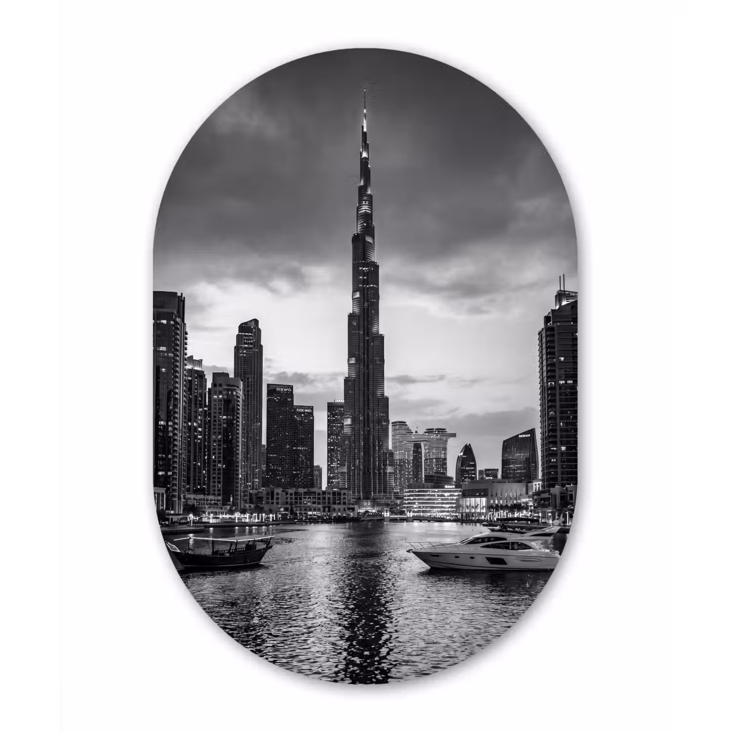 Stad - Skyline - Architectuur - Avond - Zwart-wit Wandcirkel Ovaal Aluminium middel -3d