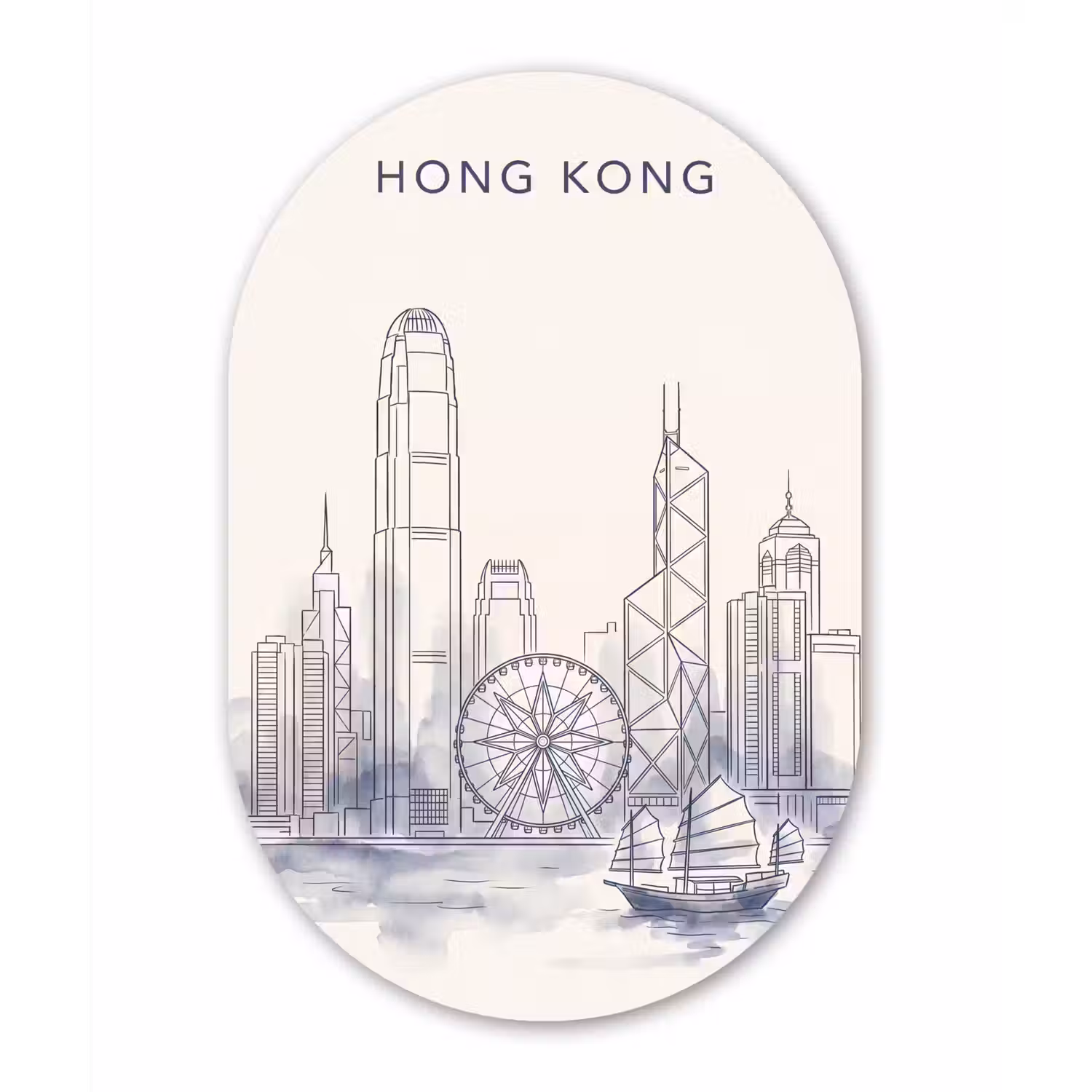 Stad - Skyline - Water - Lijntekening - Blauw Wandcirkel Ovaal Aluminium middel -3d