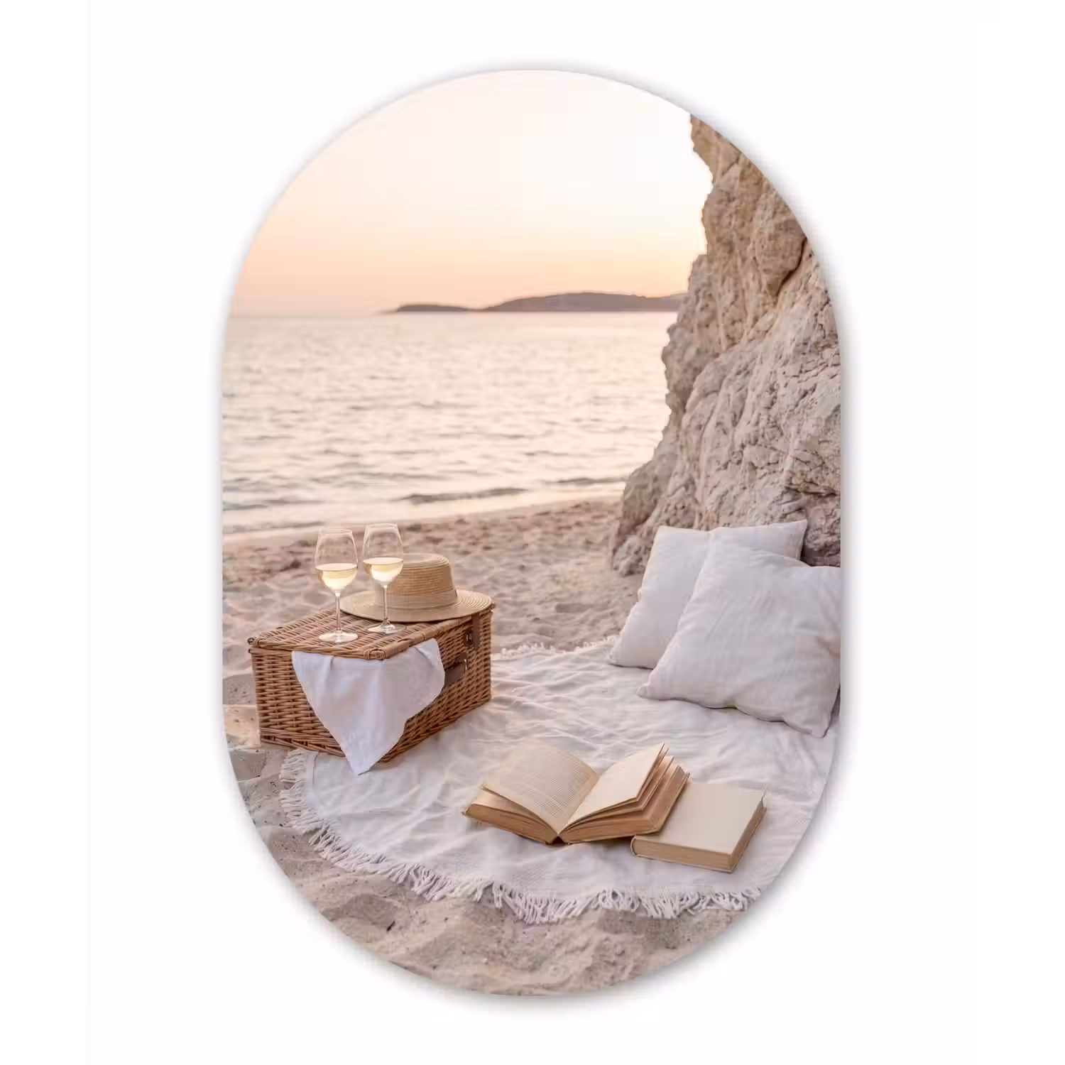 Strand - Picknick - Zonsondergang - Zomer - Natuur Wandcirkel Ovaal Aluminium middel -3d