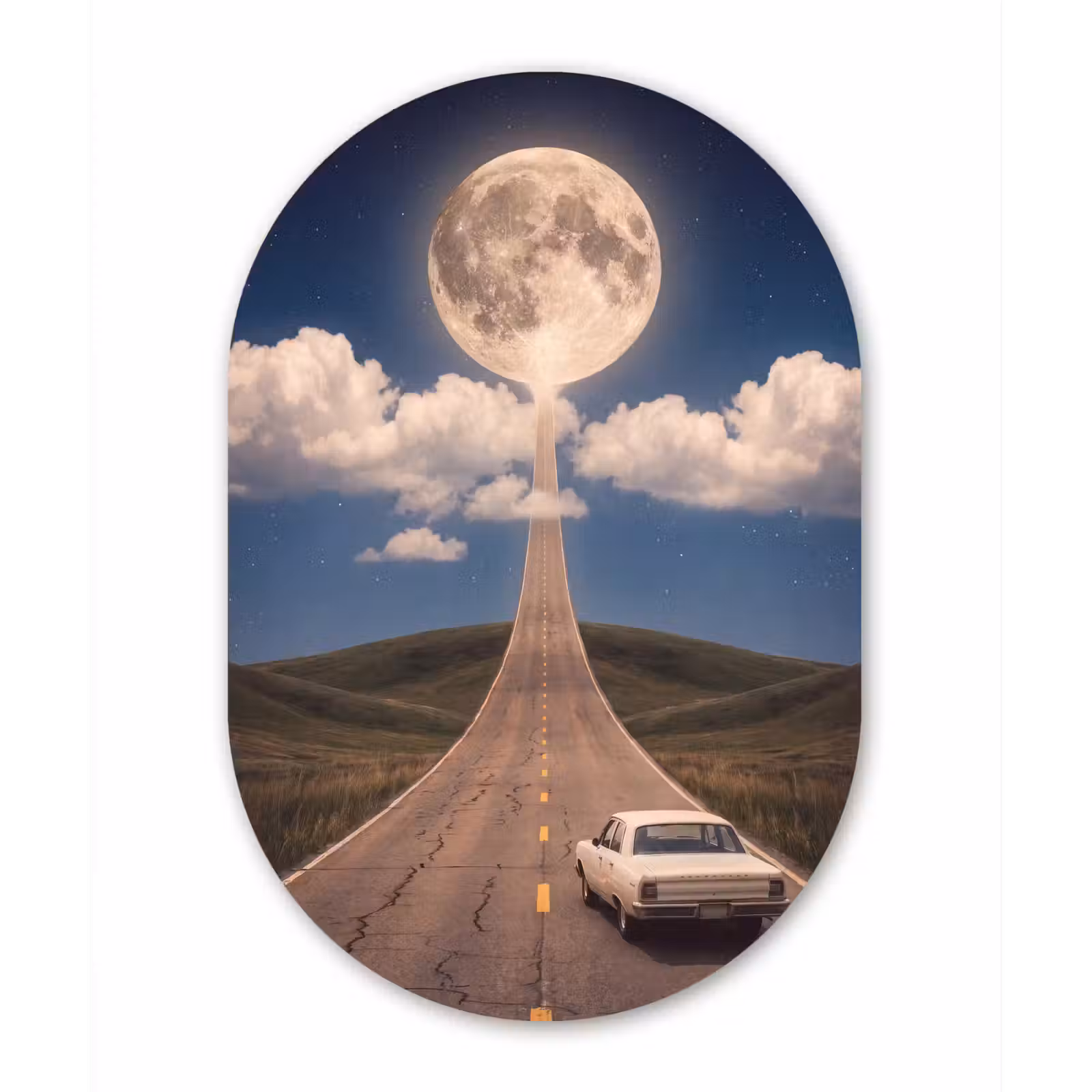 Wandoval - Aluminium - Straße – Mond – Nacht - Weg - Maan - Nacht Wandcirkel Ovaal Aluminium middel