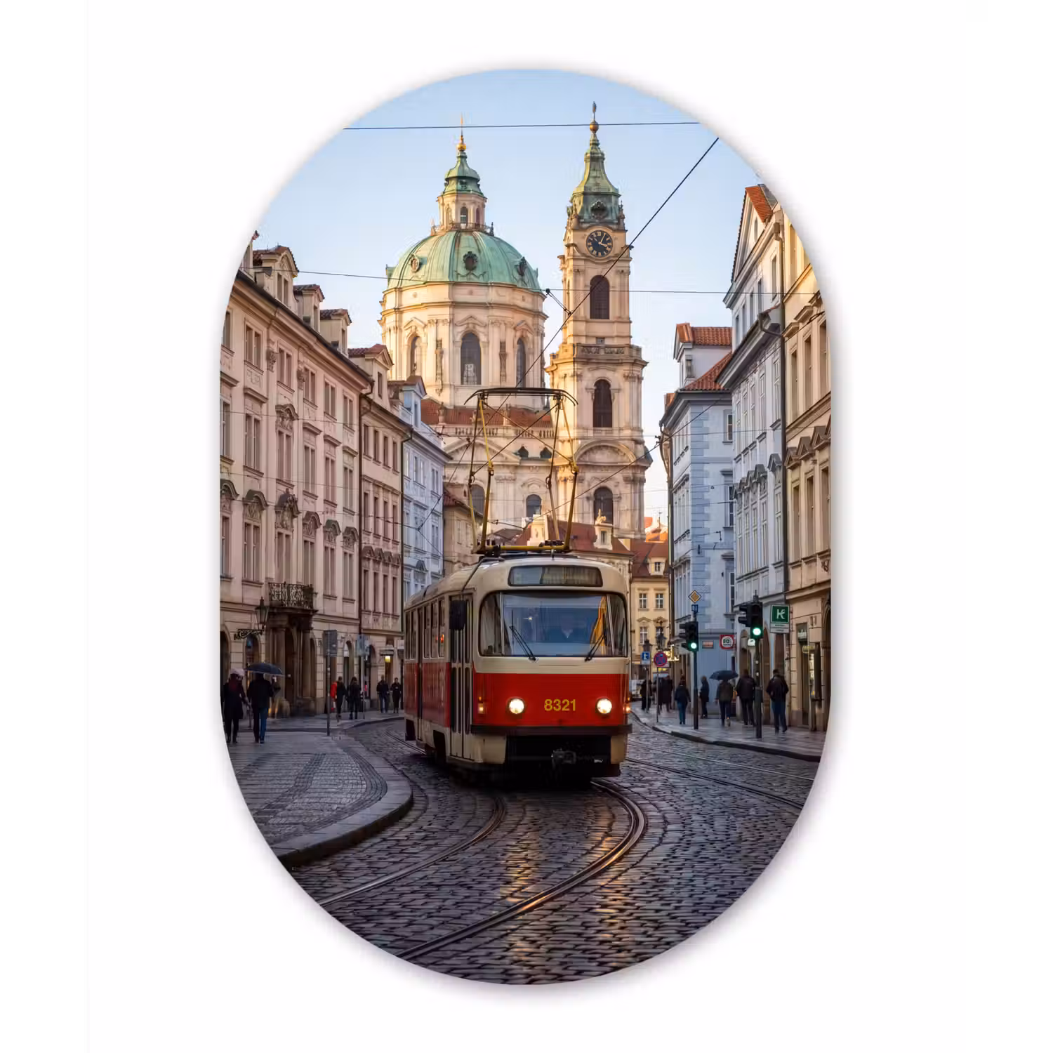 Tram - Straat - Stadsgezicht - Klassiek - Rood Wandcirkel Ovaal Aluminium middel -3d