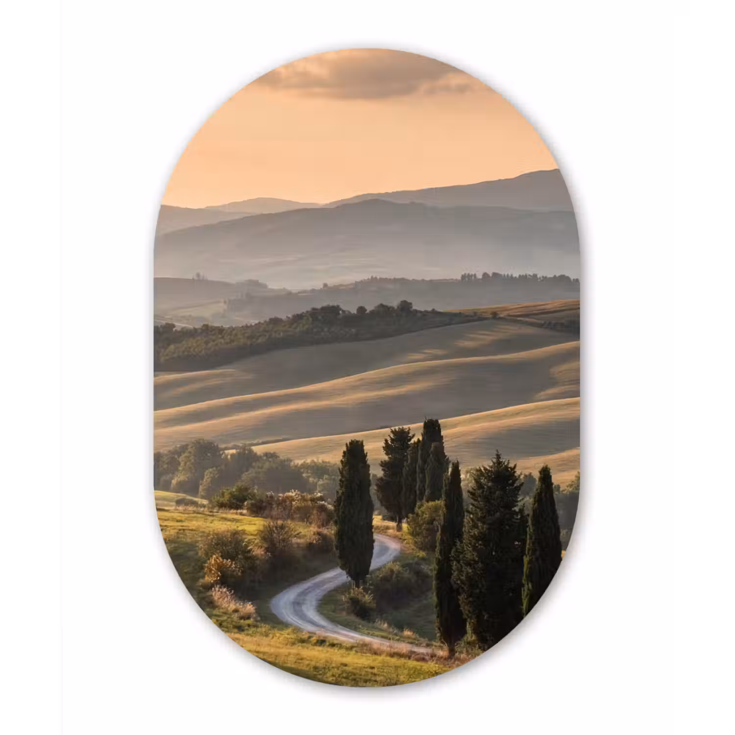 Toscaans - Landschap - Heuvels Wandcirkel Ovaal Aluminium middel -3d